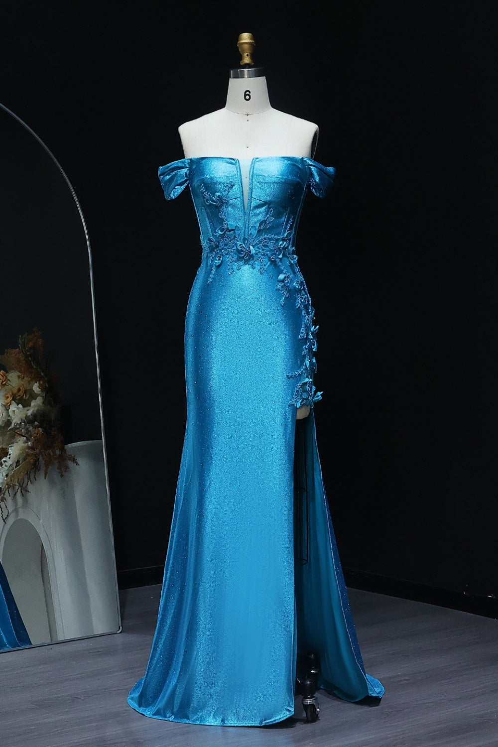 Teal Satin Off-the-Shoulder Mermaid Prom Dress with 3D Floral SH511 Sheer Fairy
