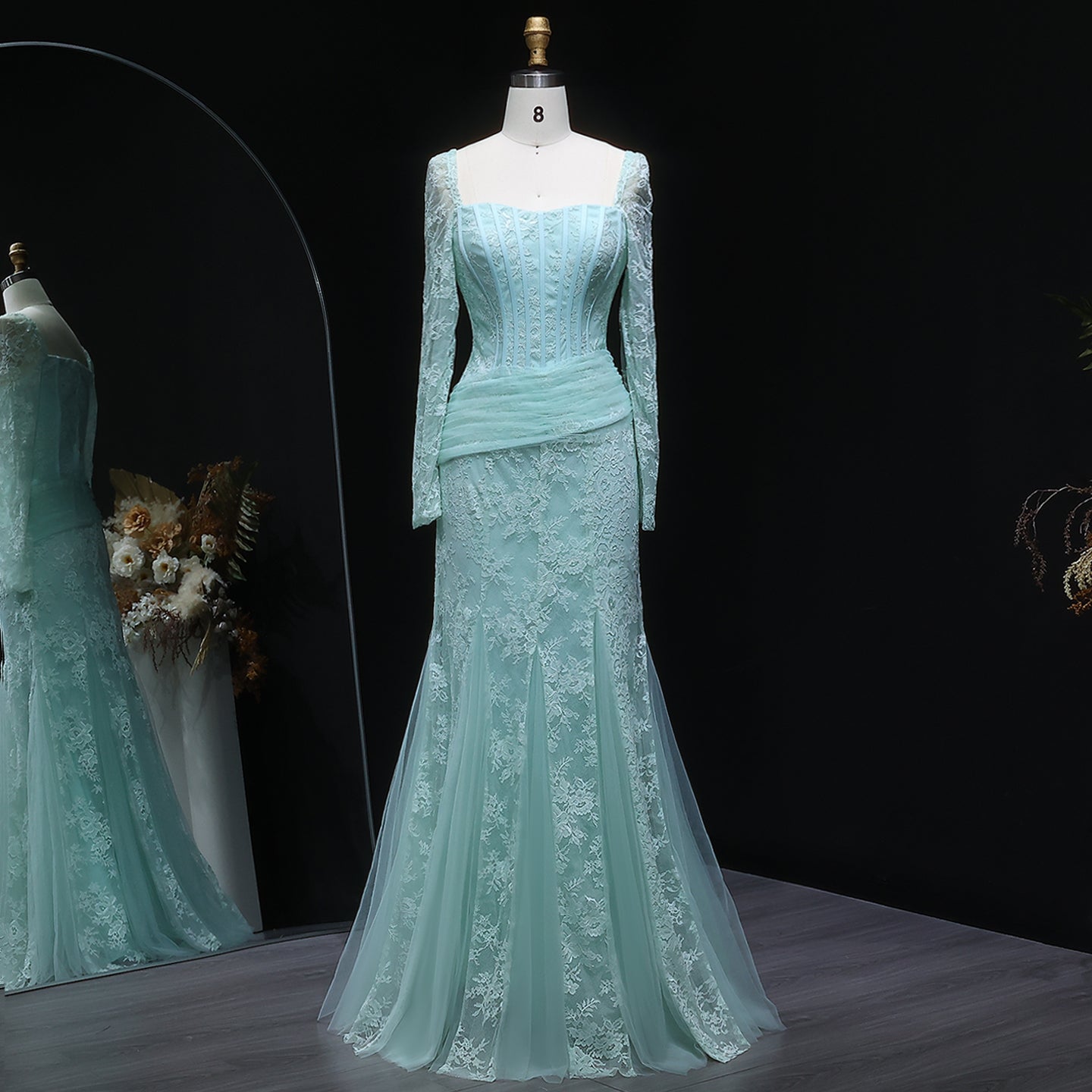 Elegant Lace Square Neck Mermaid Long Sleeves Evening Dress SF252