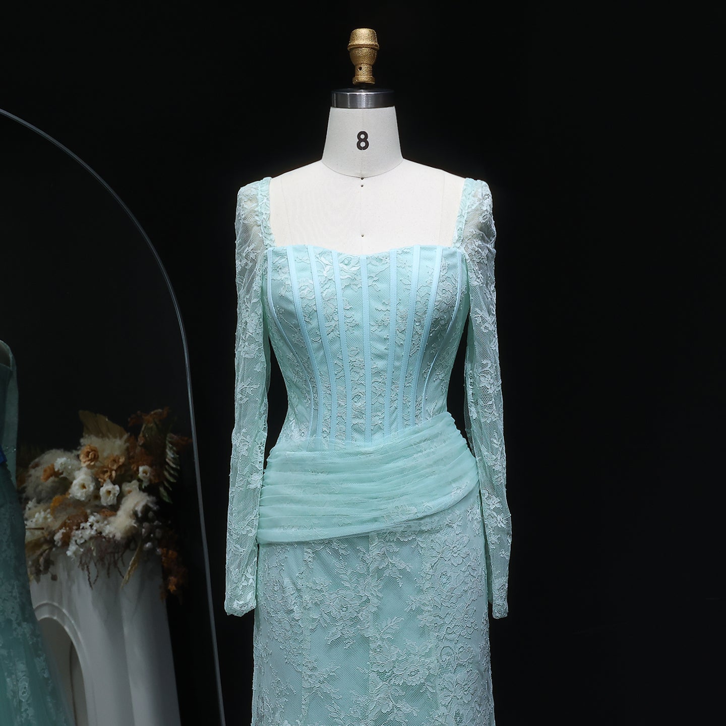 Elegant Lace Square Neck Mermaid Long Sleeves Evening Dress SF252