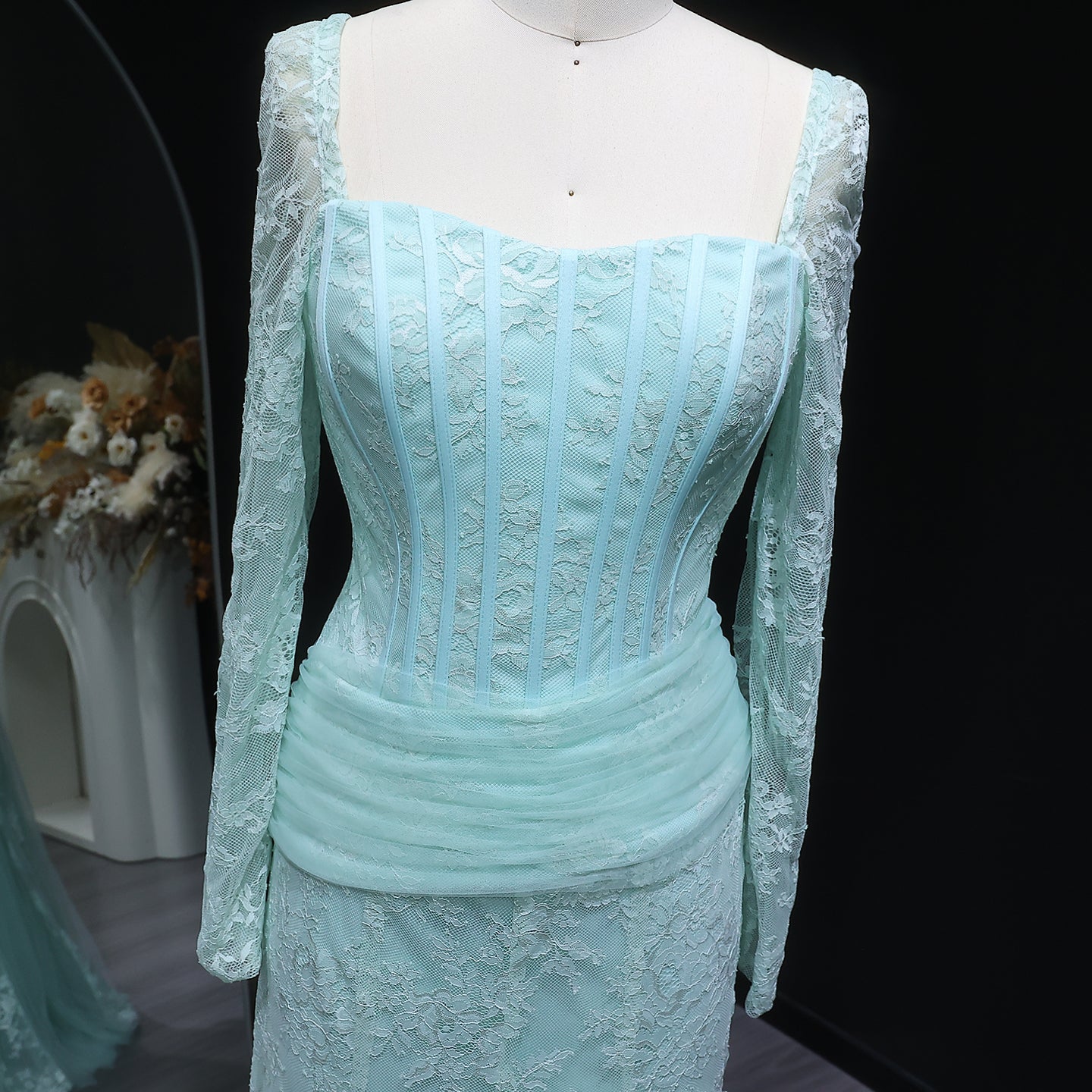 Elegant Lace Square Neck Mermaid Long Sleeves Evening Dress SF252