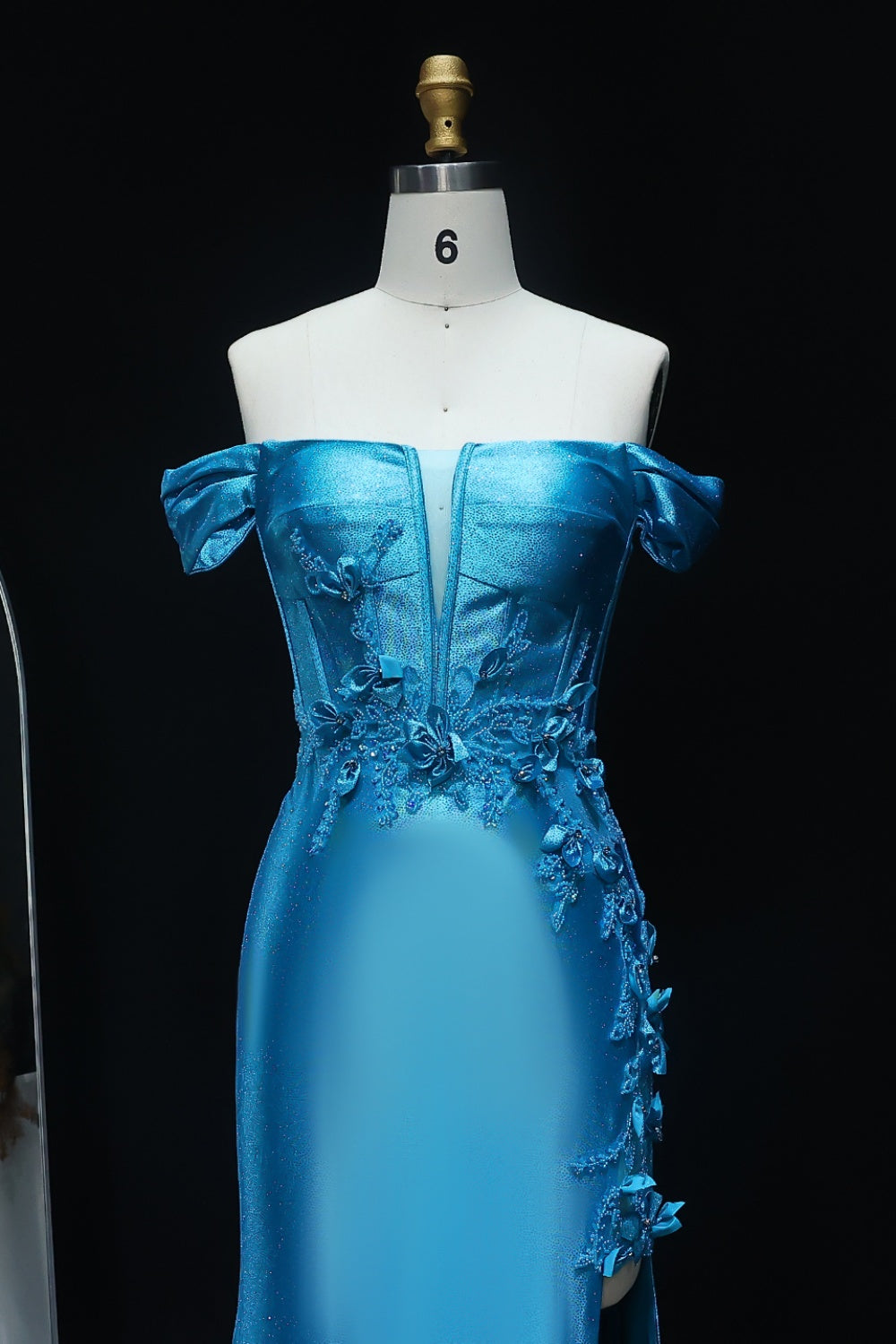 Teal Satin Off-the-Shoulder Mermaid Prom Dress with 3D Floral SH511 Sheer Fairy