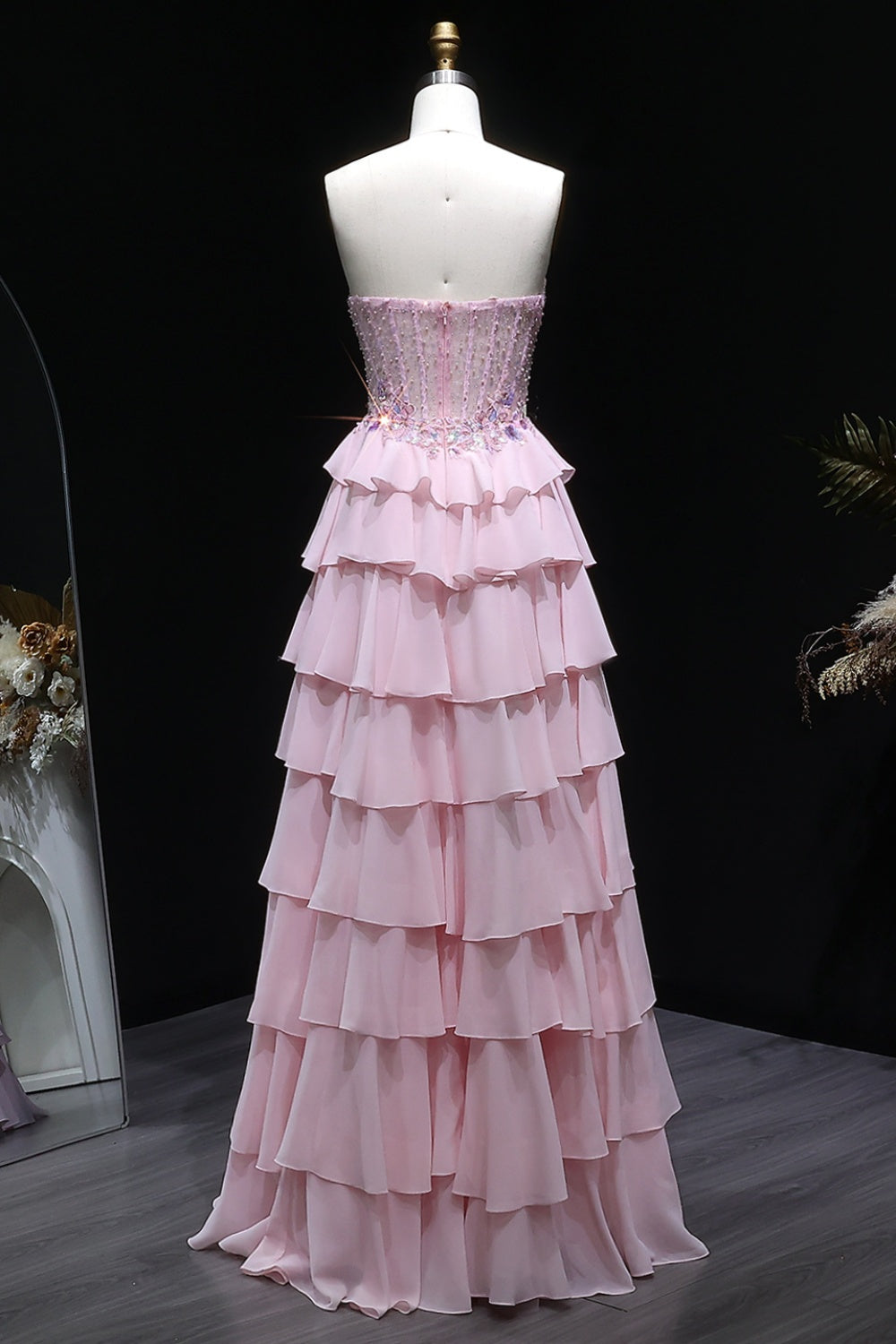 Blush Chiffon Strapless Tiered Ruffled A-Line Prom Dress SH138 Sheer Fairy