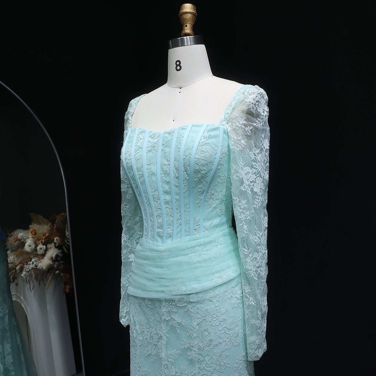 Elegant Lace Square Neck Mermaid Long Sleeves Evening Dress SF252