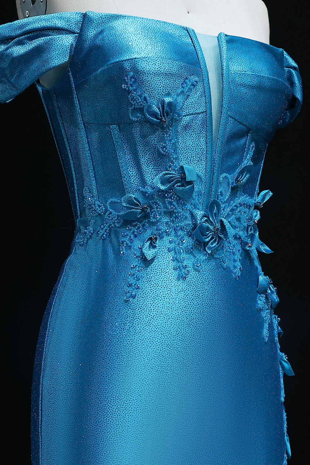 Teal Satin Off-the-Shoulder Mermaid Prom Dress with 3D Floral SH511 Sheer Fairy