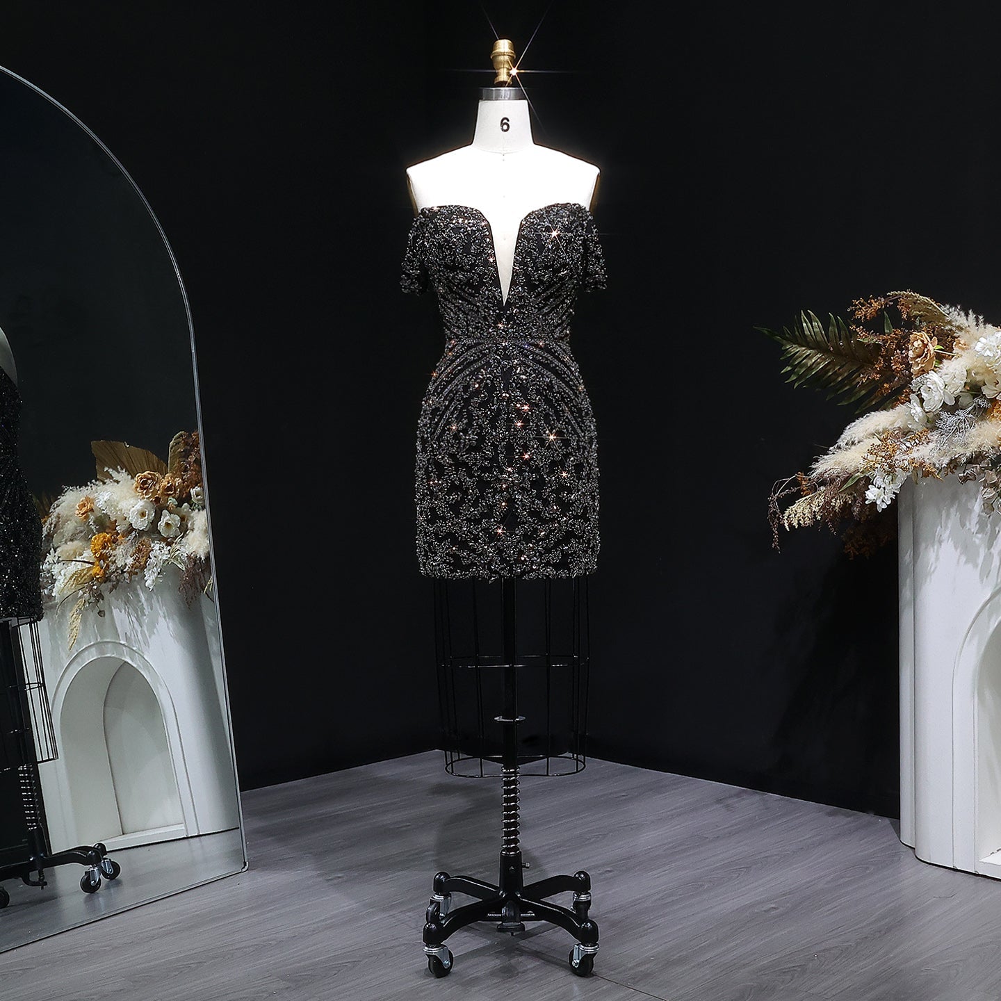 Off the Shoulder Gold Sequin Embellished Black Mini Party Homecoming Dress RM131 Sheer Fairy