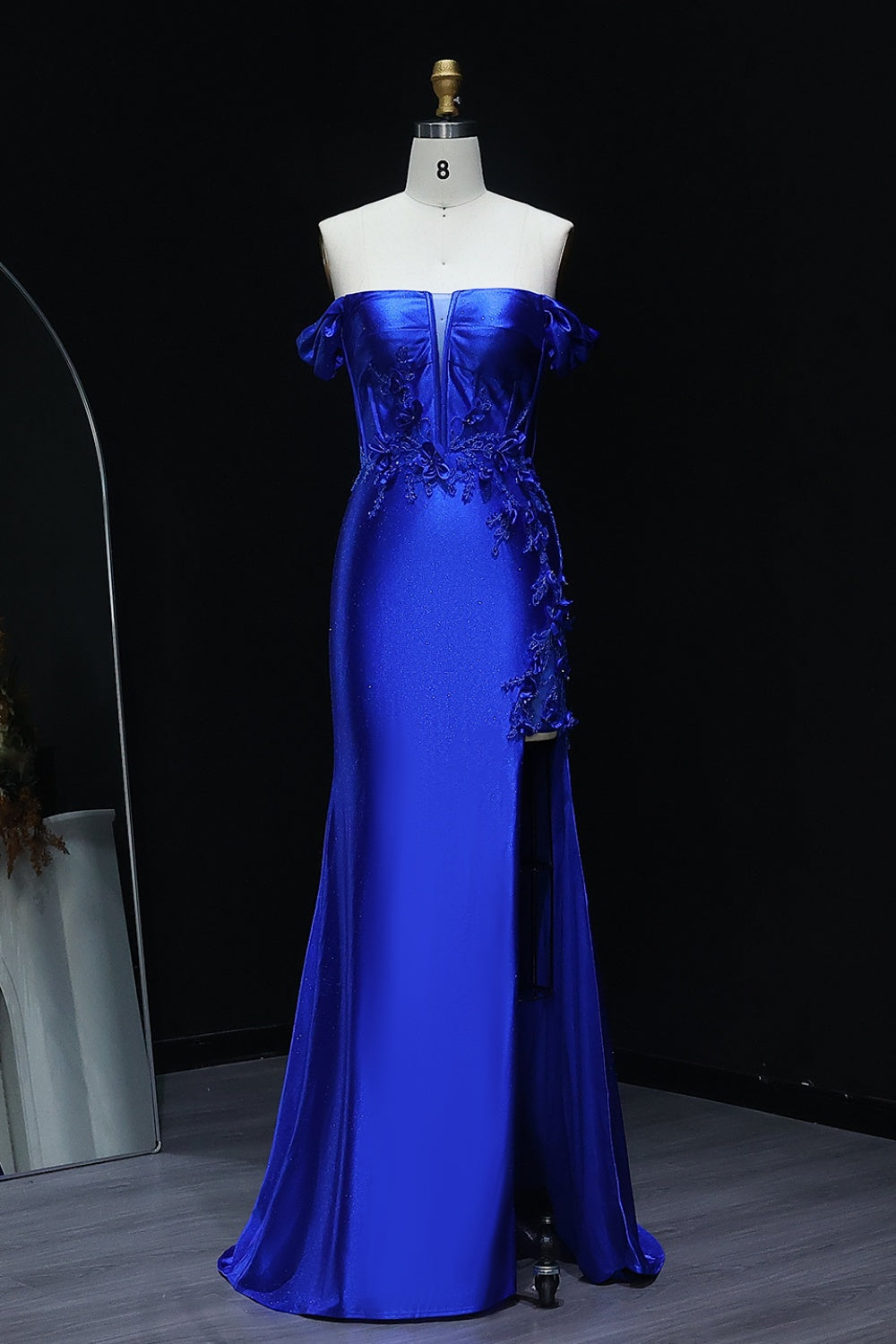 Teal Satin Off-the-Shoulder Mermaid Prom Dress with 3D Floral SH511 Sheer Fairy