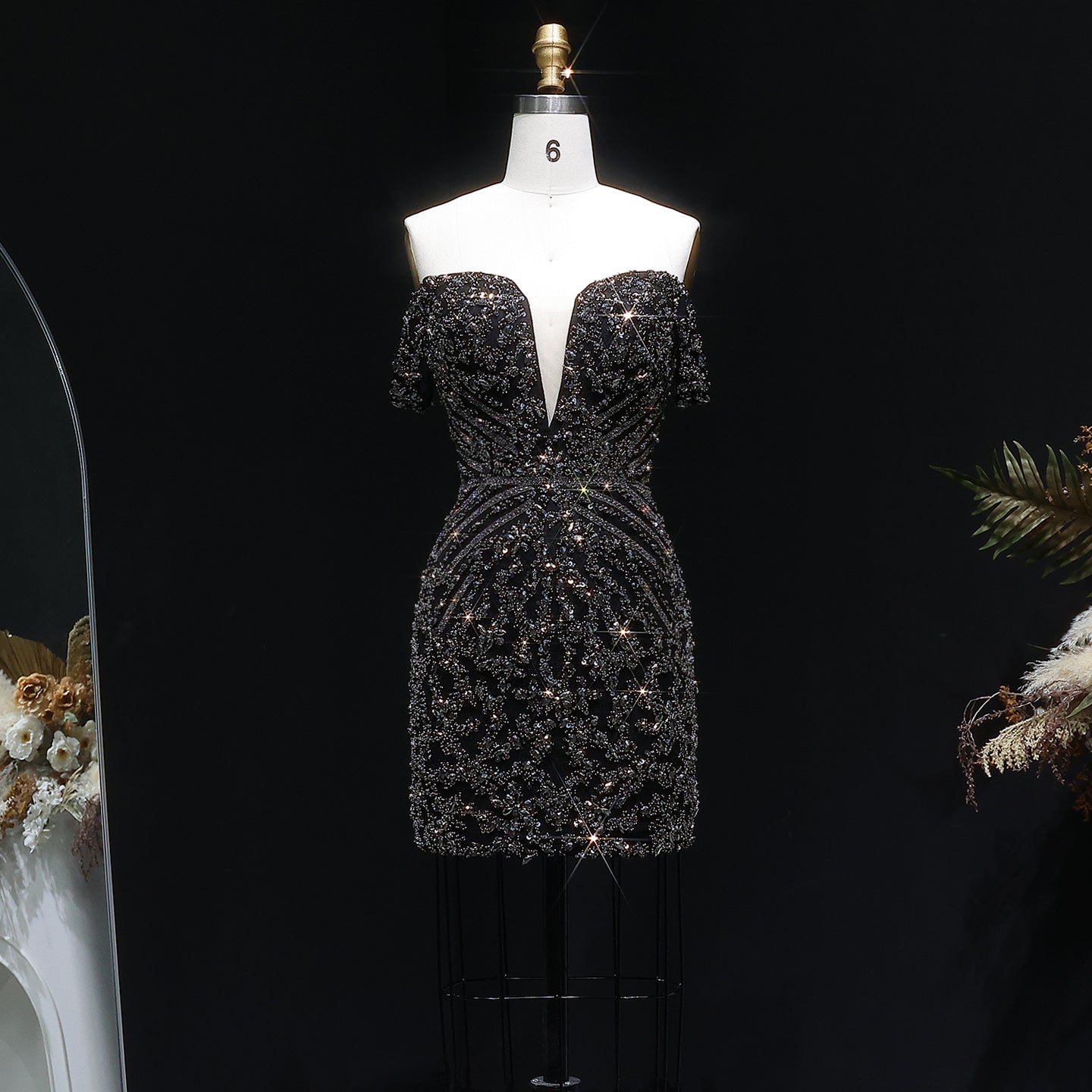 Off the Shoulder Gold Sequin Embellished Black Mini Party Homecoming Dress RM131 Sheer Fairy
