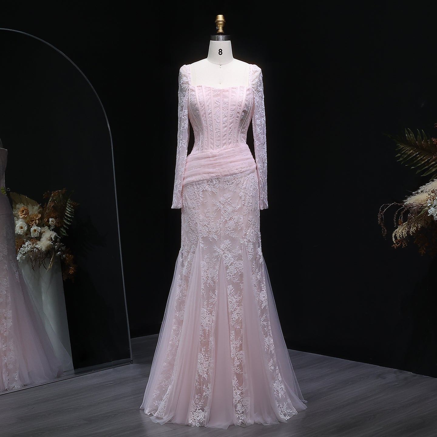 Elegant Lace Square Neck Mermaid Long Sleeves Evening Dress SF252