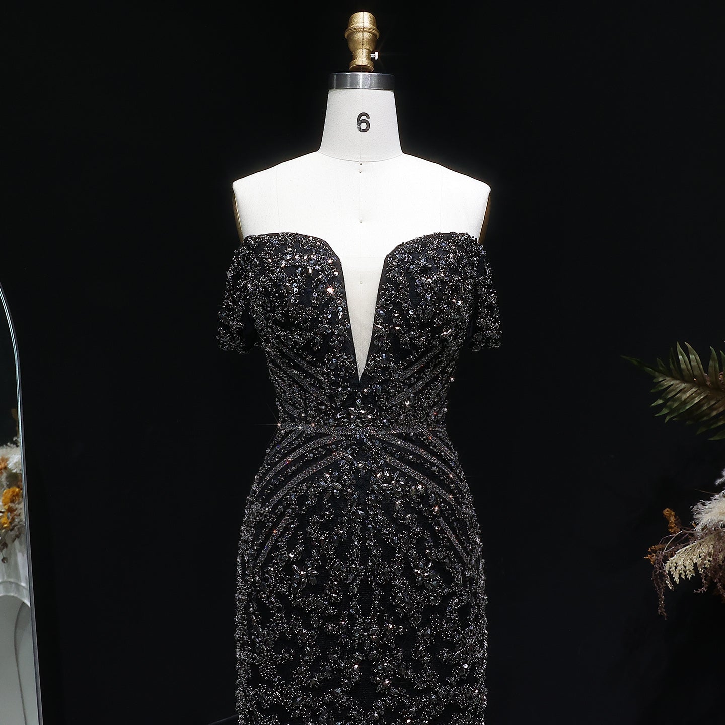 Off the Shoulder Gold Sequin Embellished Black Mini Party Homecoming Dress RM131 Sheer Fairy