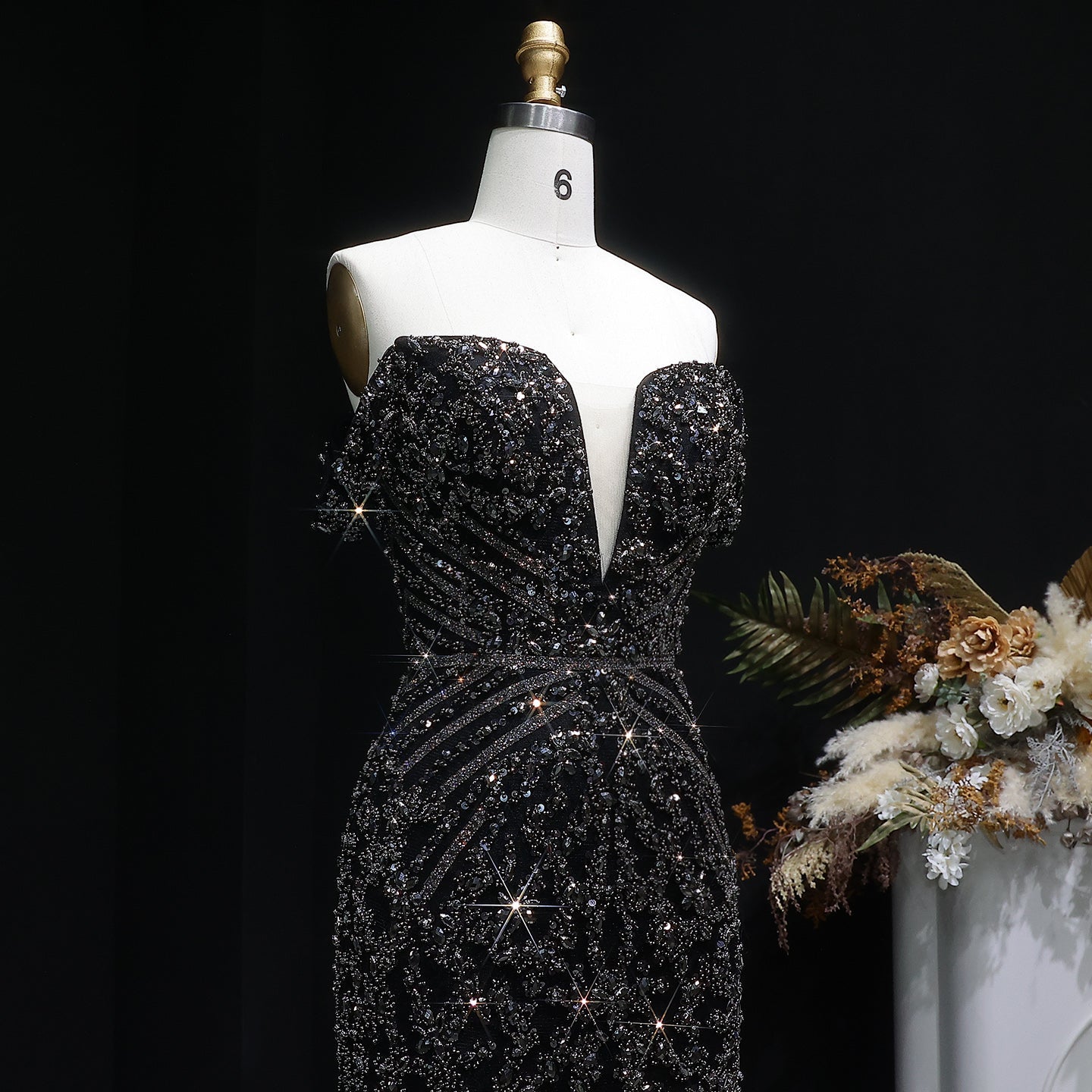 Off the Shoulder Gold Sequin Embellished Black Mini Party Homecoming Dress RM131 Sheer Fairy