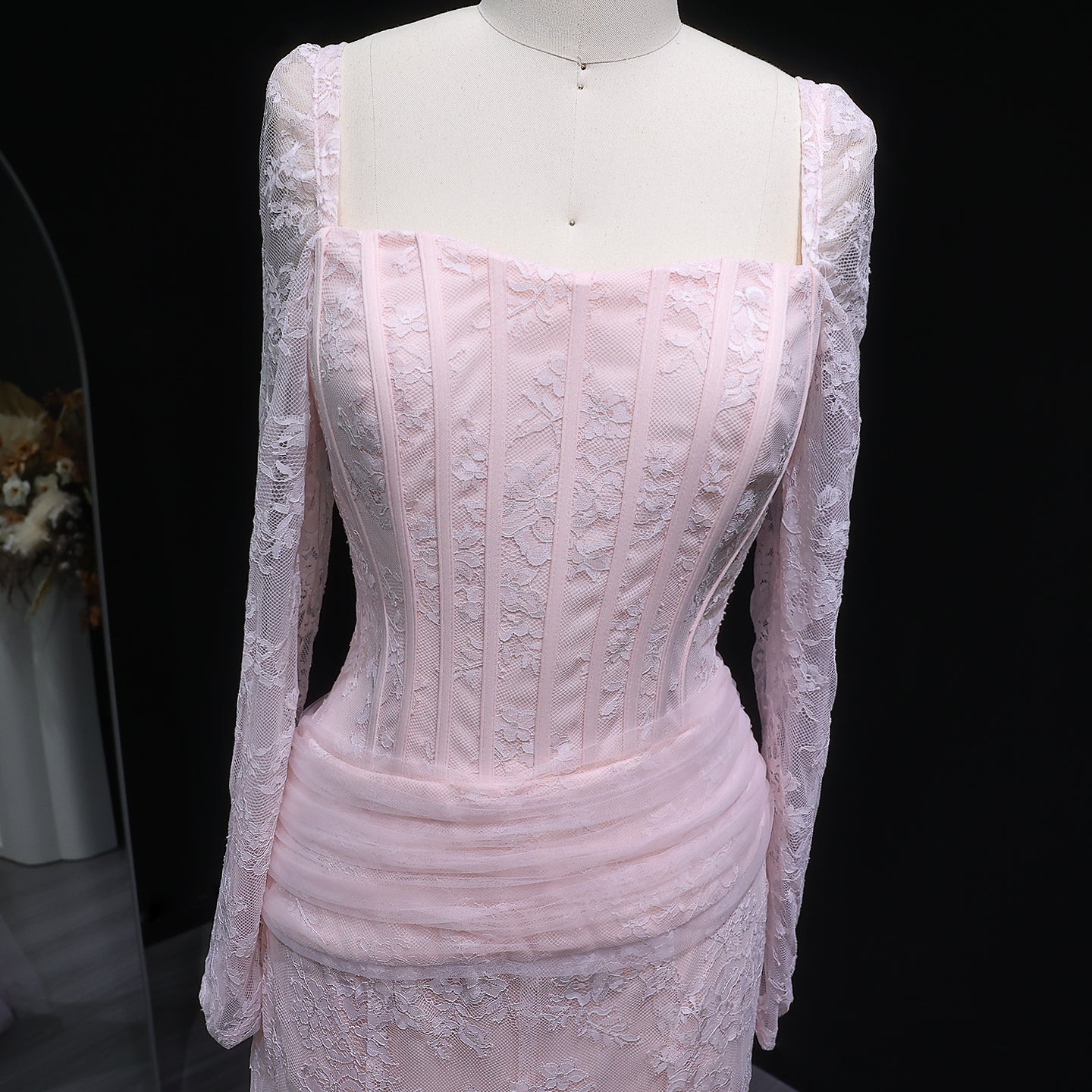 Elegant Lace Square Neck Mermaid Long Sleeves Evening Dress SF252