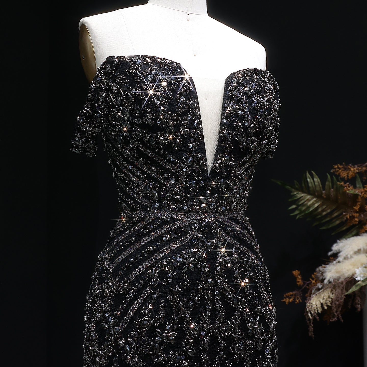 Off the Shoulder Gold Sequin Embellished Black Mini Party Homecoming Dress RM131 Sheer Fairy