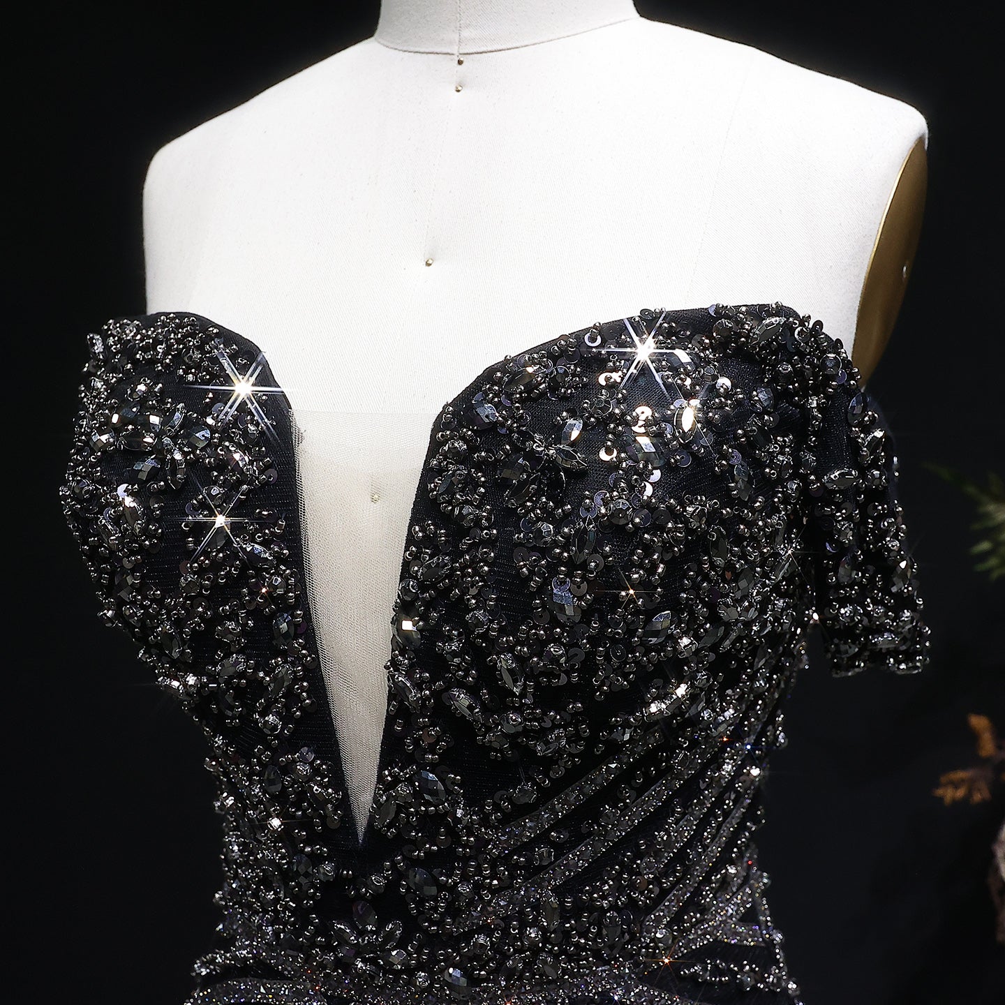 Off the Shoulder Gold Sequin Embellished Black Mini Party Homecoming Dress RM131 Sheer Fairy