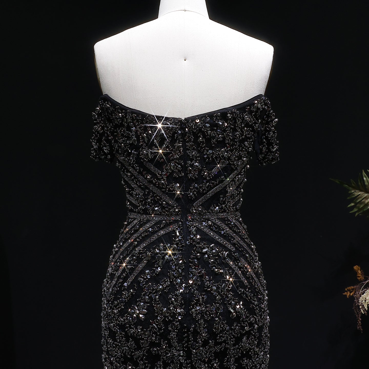 Off the Shoulder Gold Sequin Embellished Black Mini Party Homecoming Dress RM131 Sheer Fairy