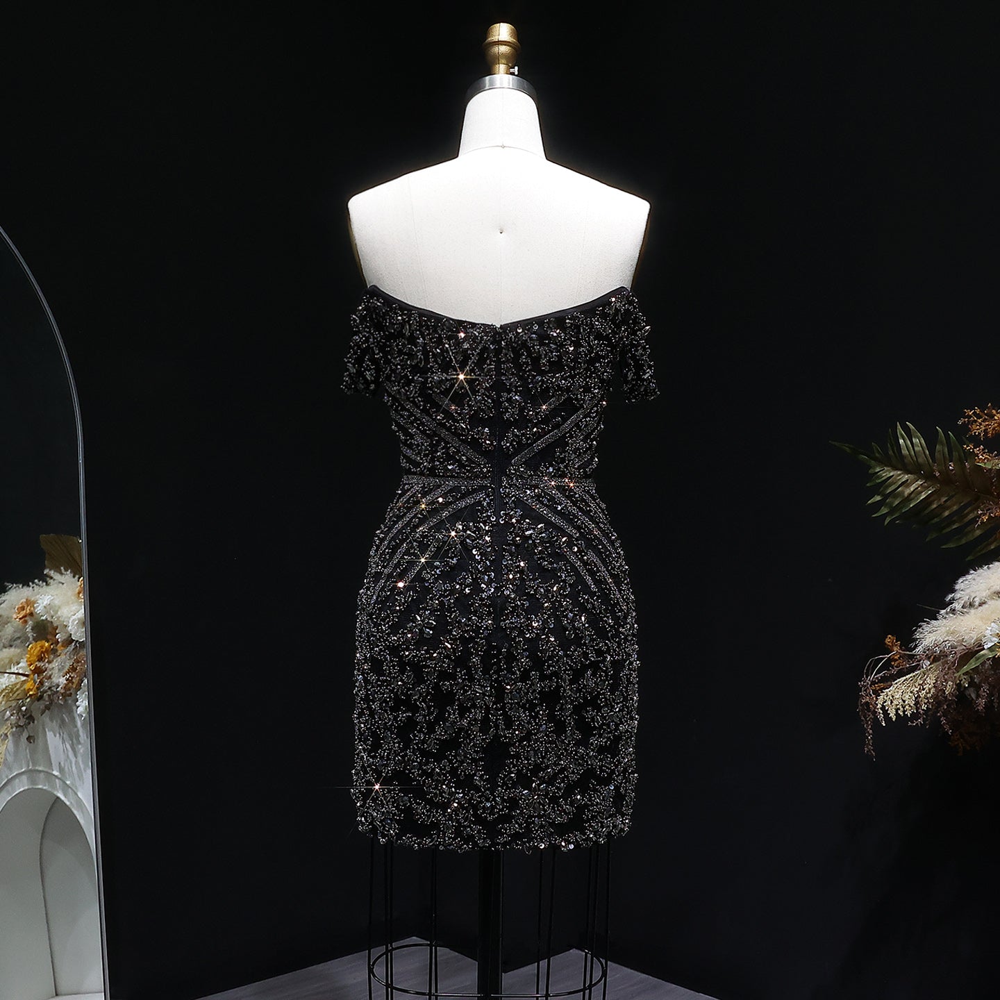 Off the Shoulder Gold Sequin Embellished Black Mini Party Homecoming Dress RM131 Sheer Fairy