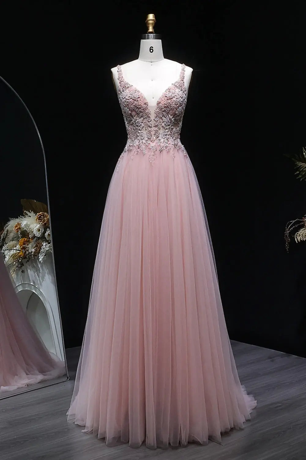 Blush Tulle V-Neck A-Line Prom Dress with 3D Lace SH139 Sheer Fairy