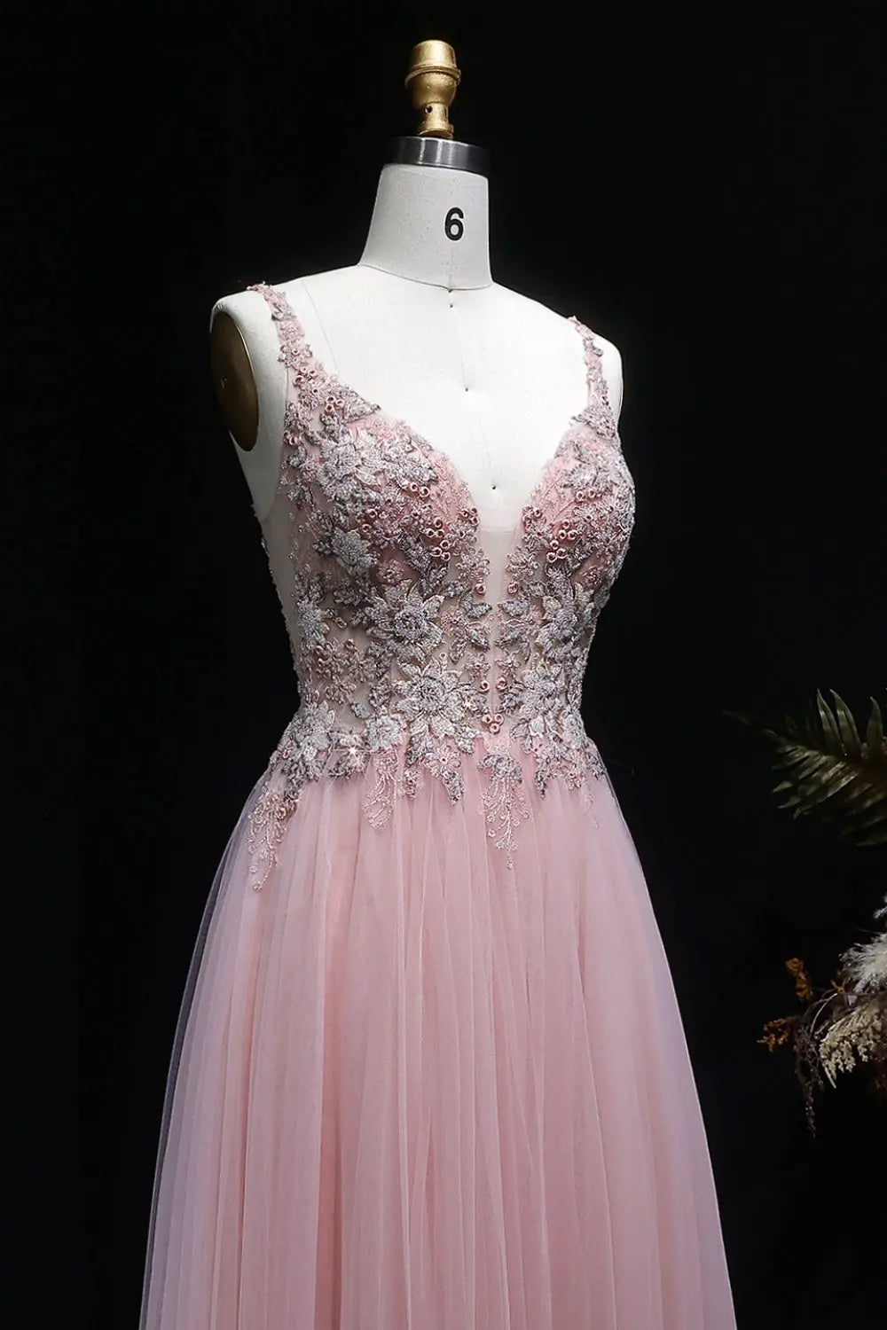 Blush Tulle V-Neck A-Line Prom Dress with 3D Lace SH139 Sheer Fairy