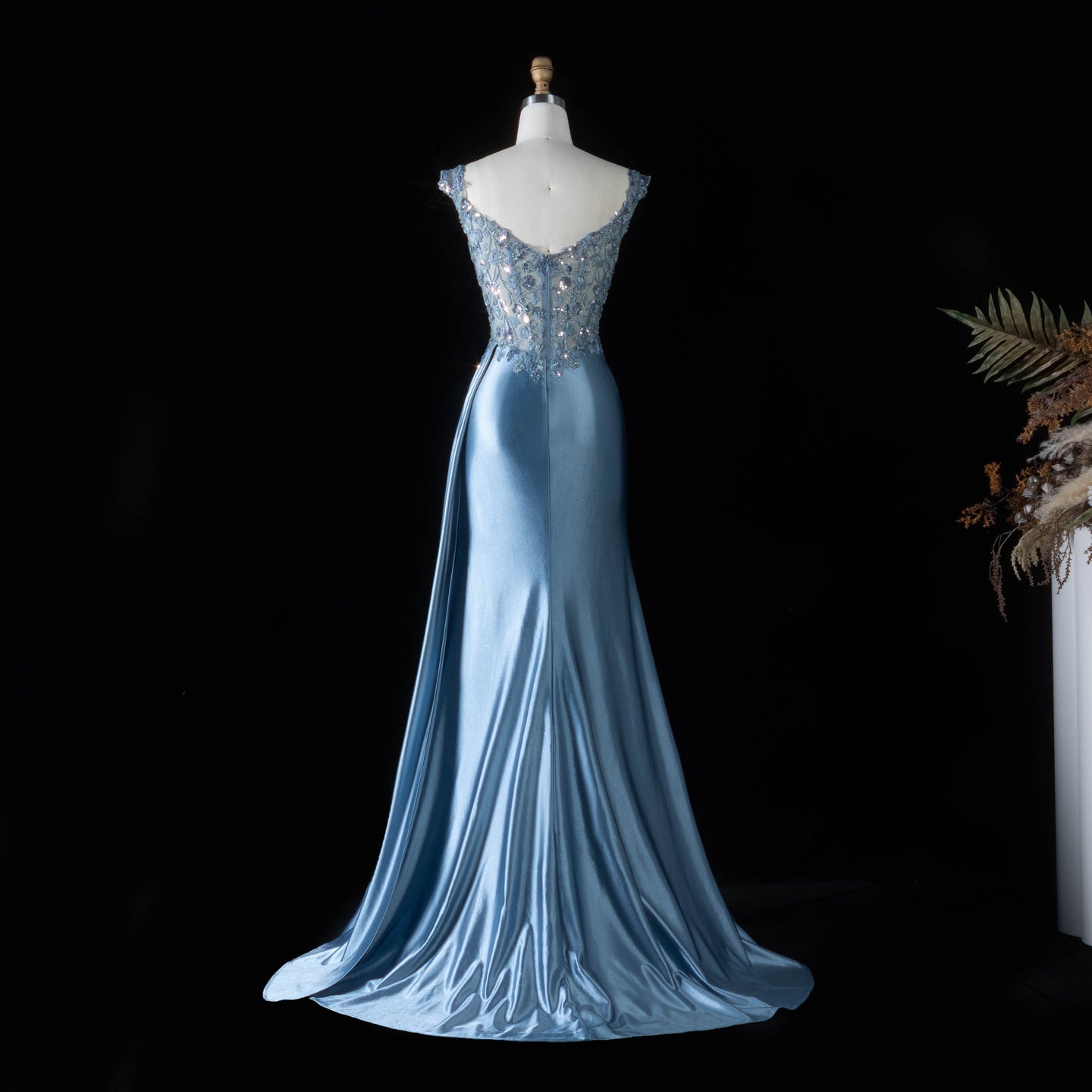 Blue Satin Mermaid Prom Dress sweetheart Luxury Beaded ruched hip  SH092 Sheer Fairy