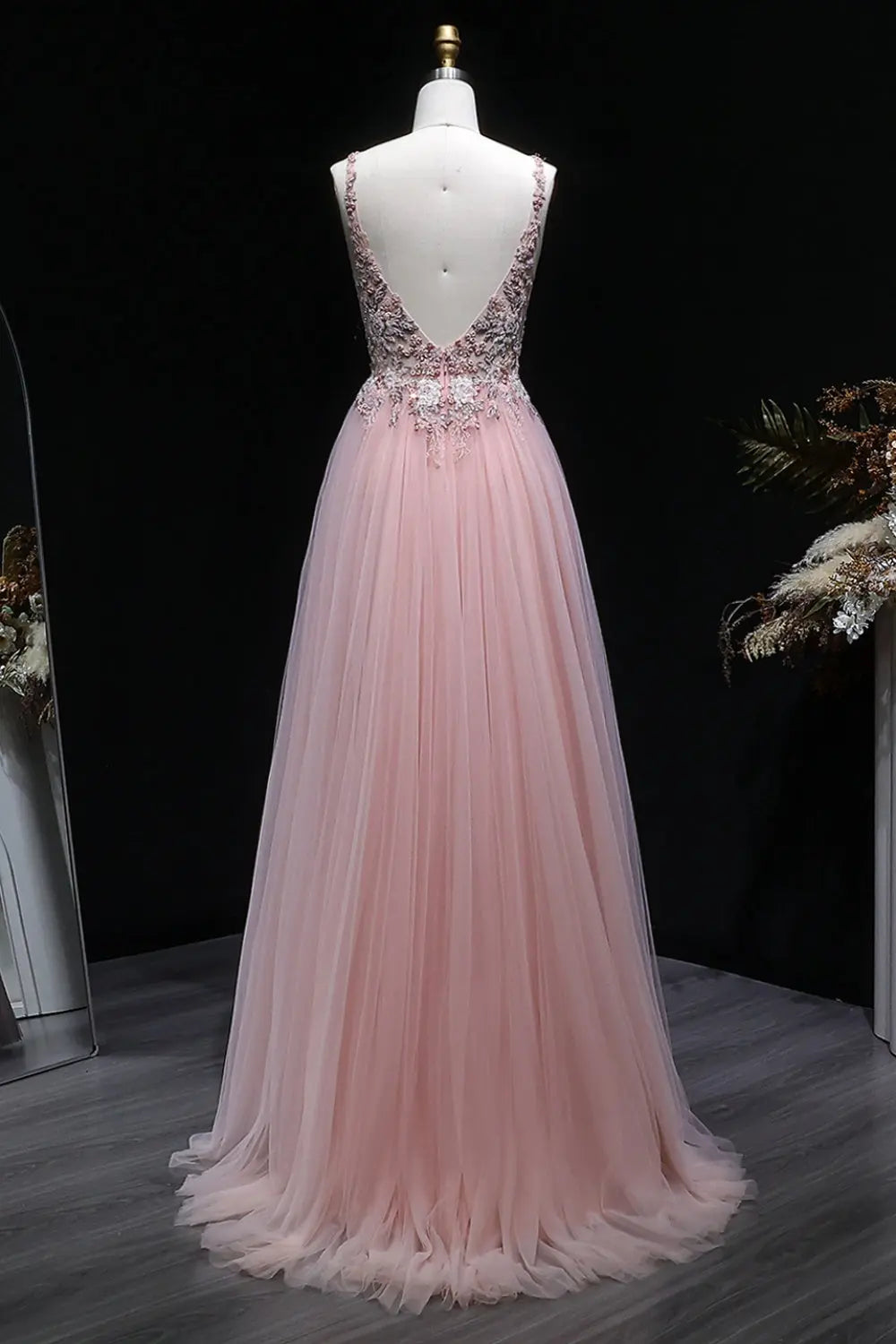 Blush Tulle V-Neck A-Line Prom Dress with 3D Lace SH139 Sheer Fairy