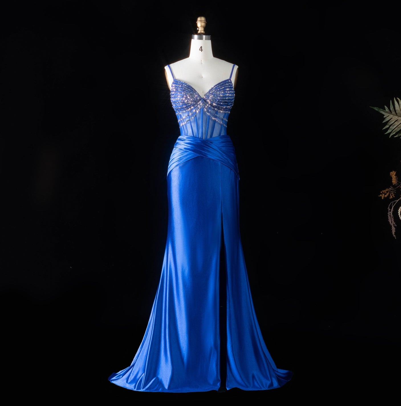 Royal Blue Satin Mermaid Evening Sheer Mesh Corset with high slit mermaid gown SH095 Sheer Fairy