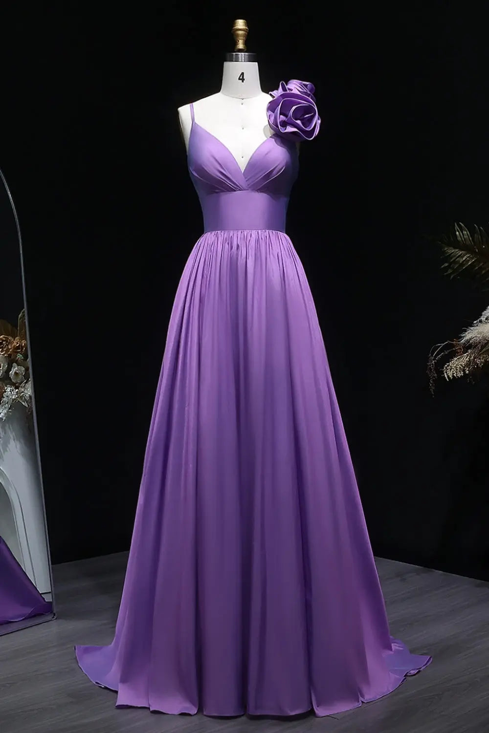 Lavender Satin A-Line V-Neck Prom Dress with 3D Rose SH135 Sheer Fairy