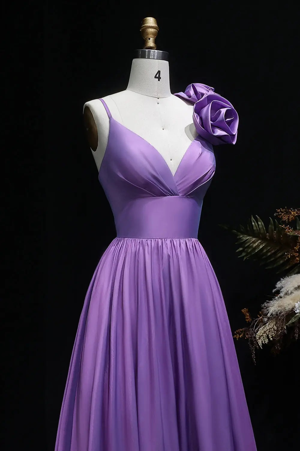 Lavender Satin A-Line V-Neck Prom Dress with 3D Rose SH135 Sheer Fairy