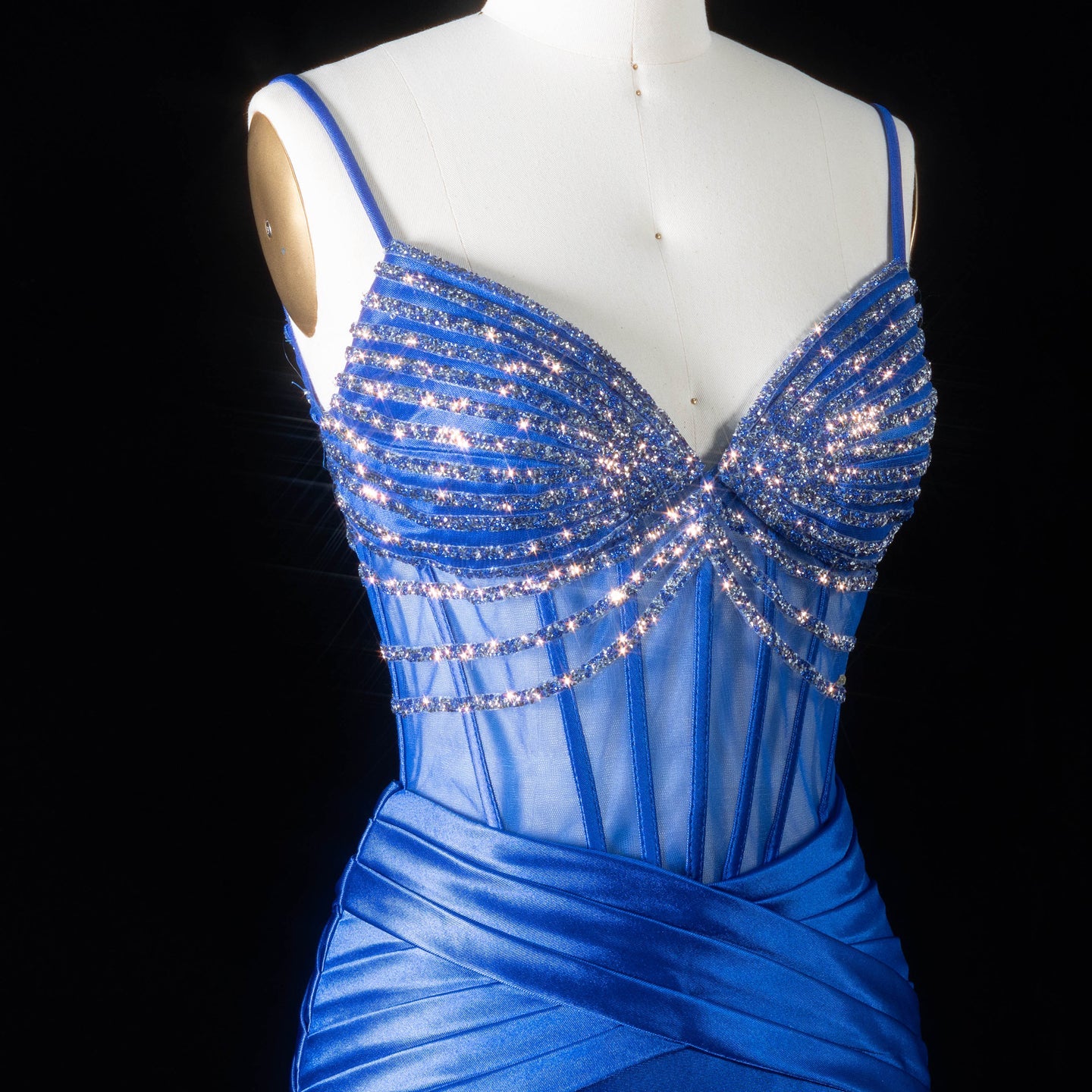 Royal Blue Satin Mermaid Evening Sheer Mesh Corset with high slit mermaid gown SH095 Sheer Fairy