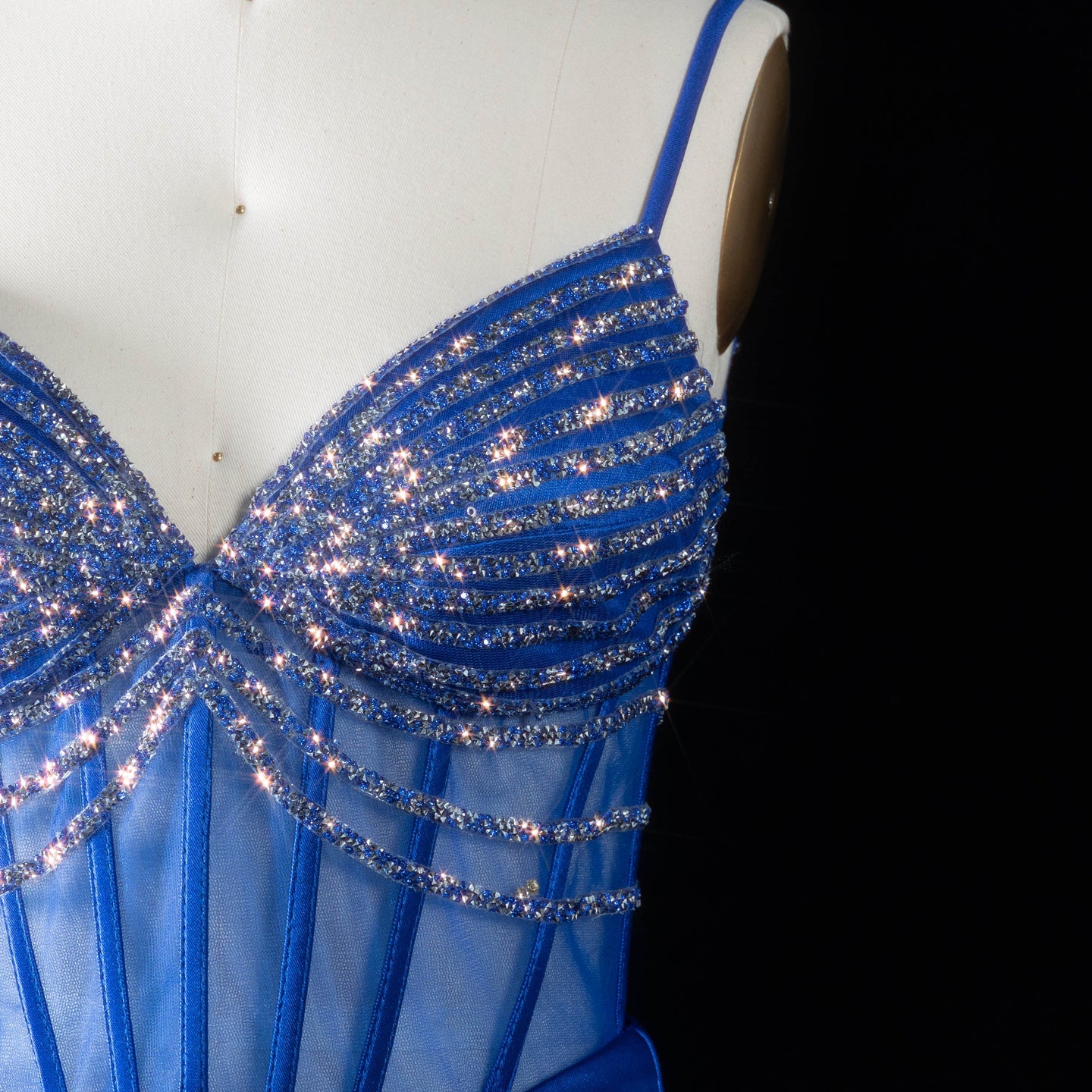 Royal Blue Satin Mermaid Evening Sheer Mesh Corset with high slit mermaid gown SH095 Sheer Fairy