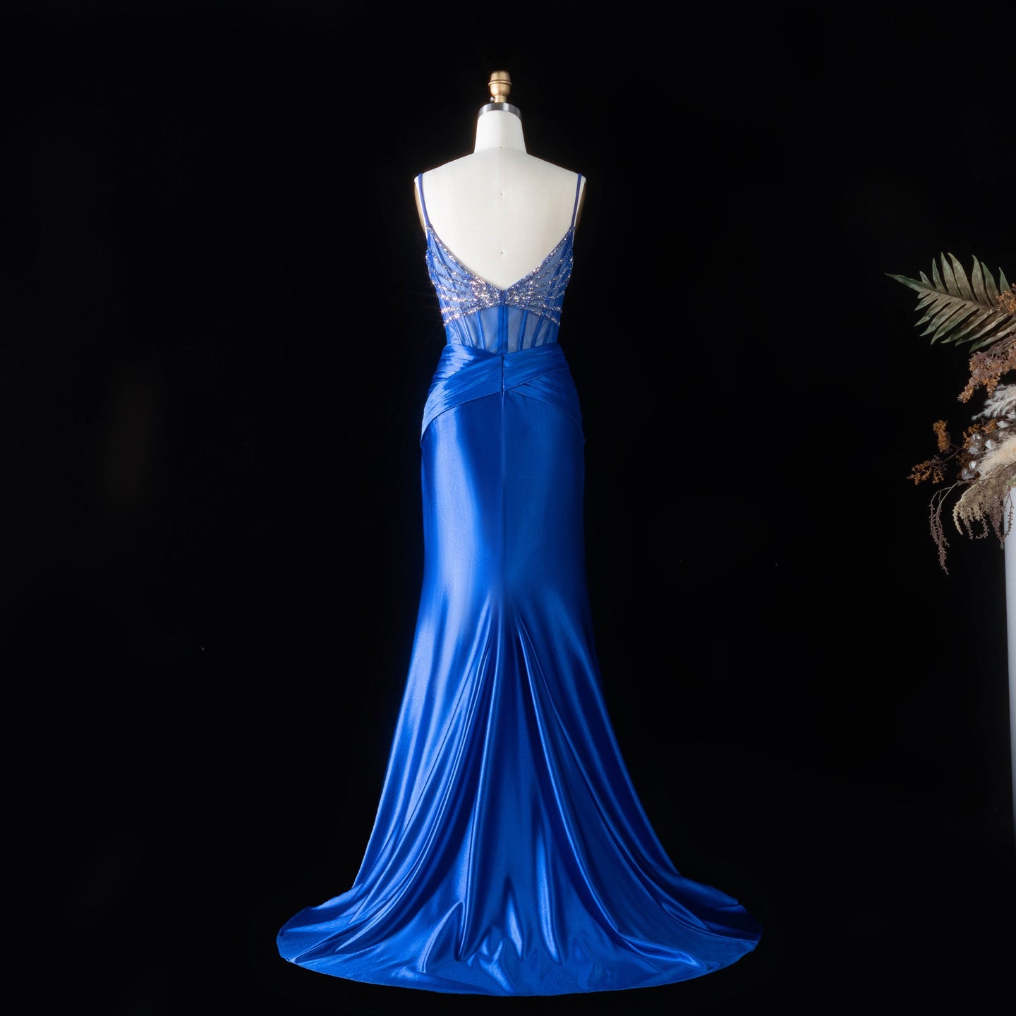 Royal Blue Satin Mermaid Evening Sheer Mesh Corset with high slit mermaid gown SH095 Sheer Fairy