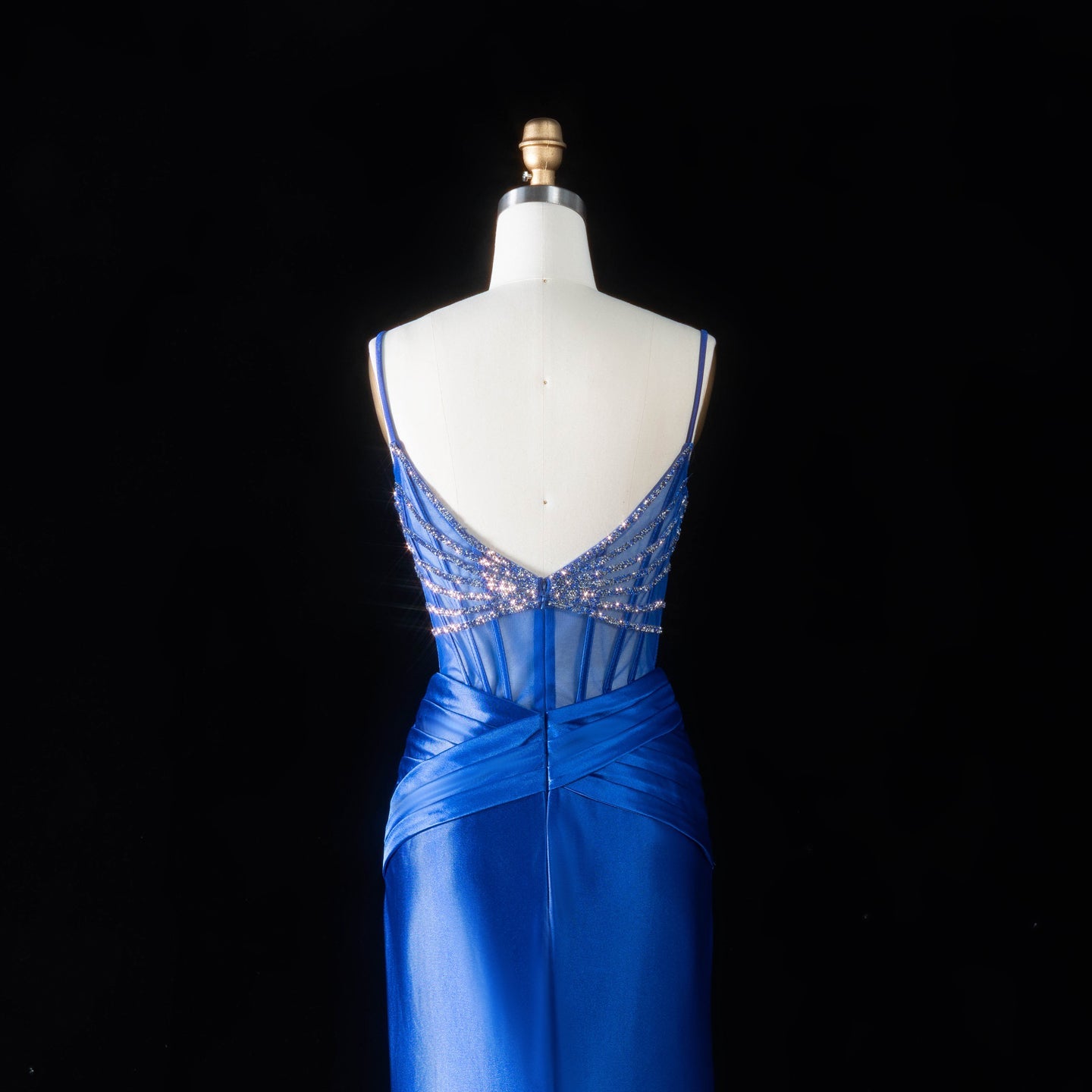 Royal Blue Satin Mermaid Evening Sheer Mesh Corset with high slit mermaid gown SH095 Sheer Fairy