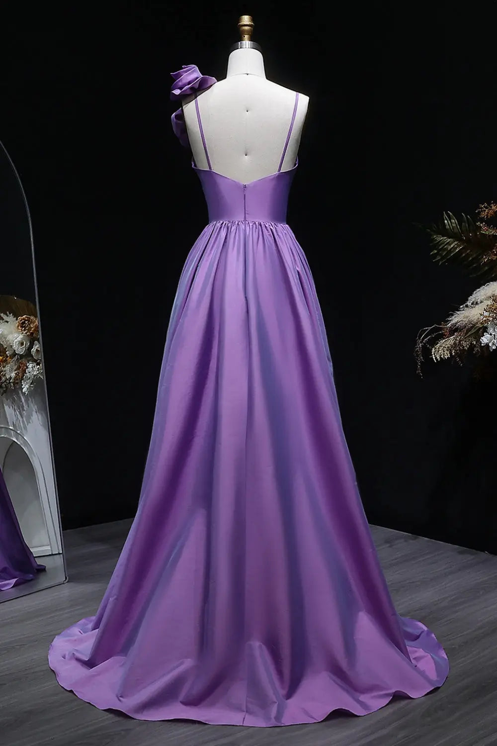 Lavender Satin A-Line V-Neck Prom Dress with 3D Rose SH135 Sheer Fairy