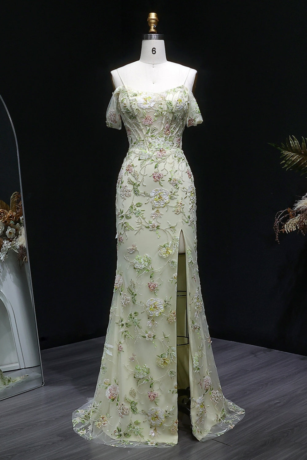 Pastel Cream Sheath Prom Dress with 3D Lace Floral SH140 Sheer Fairy