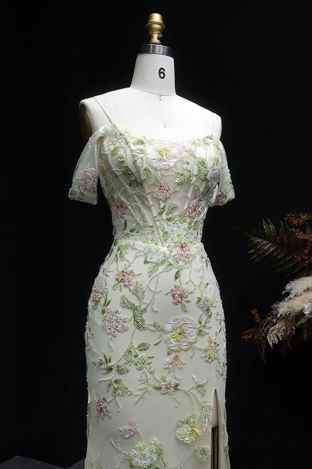 Pastel Cream Sheath Prom Dress with 3D Lace Floral SH140 Sheer Fairy