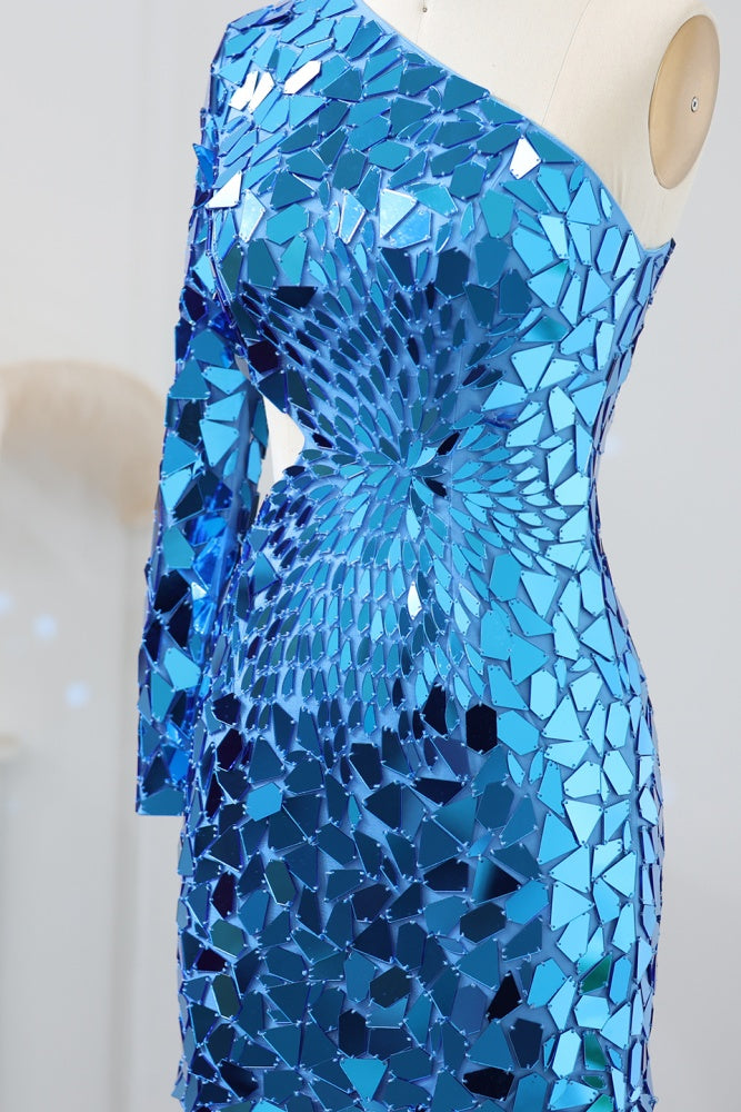 Iridescent Blue Sequin One-Shoulder Homecoming Dress RM119 Sheer Fairy