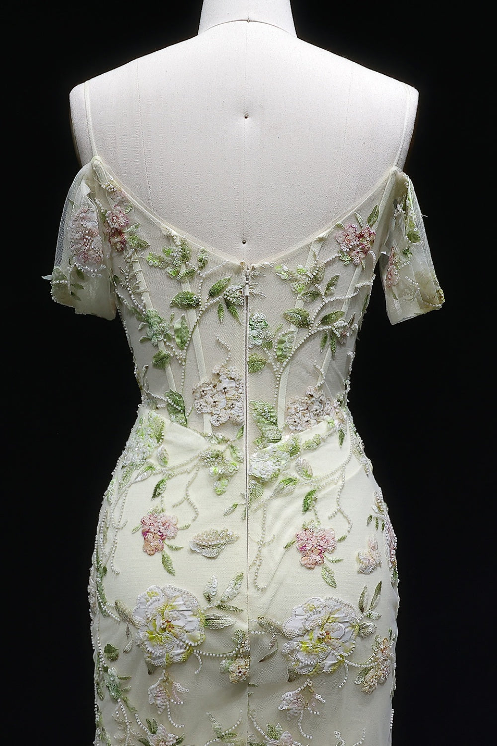 Pastel Cream Sheath Prom Dress with 3D Lace Floral SH140 Sheer Fairy