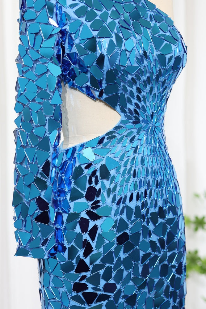 Iridescent Blue Sequin One-Shoulder Homecoming Dress RM119 Sheer Fairy