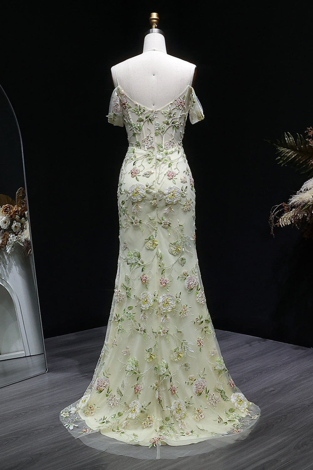 Pastel Cream Sheath Prom Dress with 3D Lace Floral SH140 Sheer Fairy