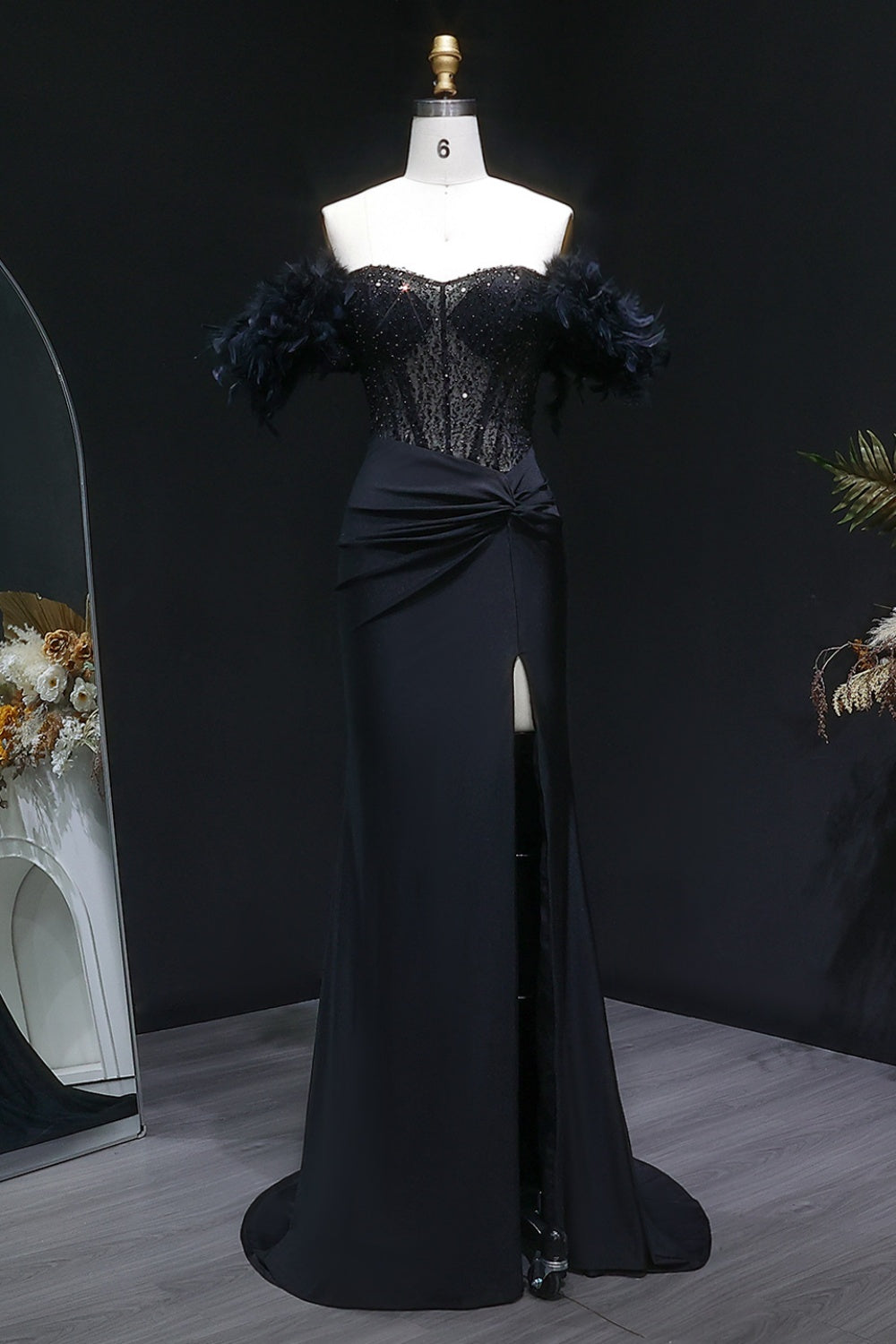 Black Sequin Sheath Off-the-Shoulder Feather Trim Prom Dress SH141 Sheer Fairy