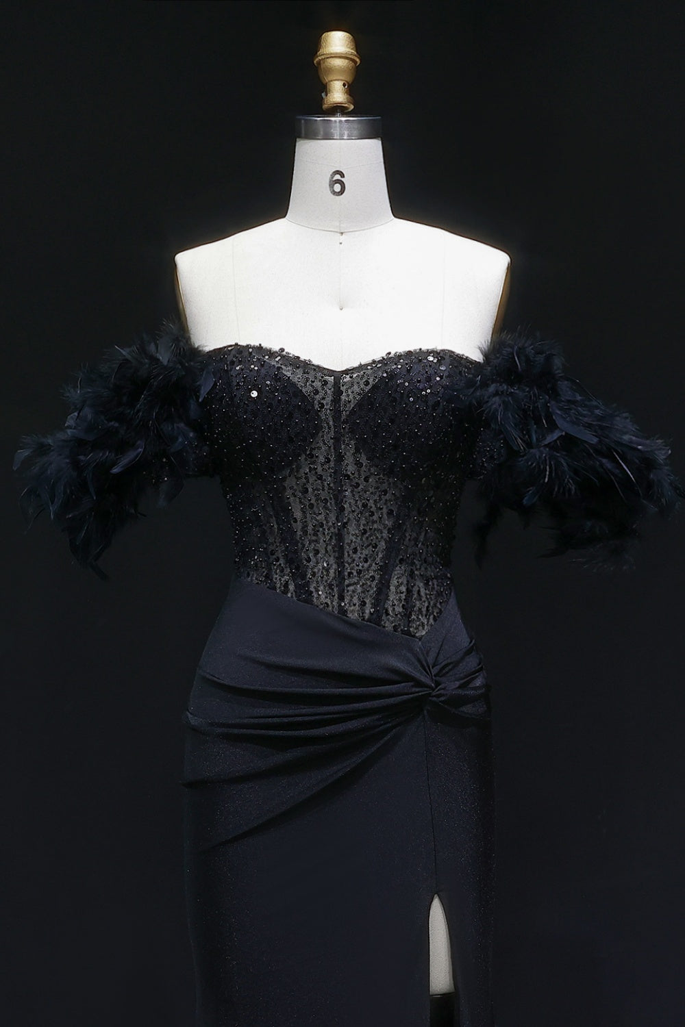 Black Sequin Sheath Off-the-Shoulder Feather Trim Prom Dress SH141 Sheer Fairy