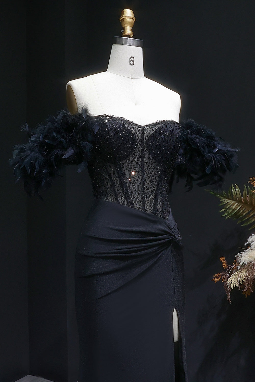 Black Sequin Sheath Off-the-Shoulder Feather Trim Prom Dress SH141 Sheer Fairy