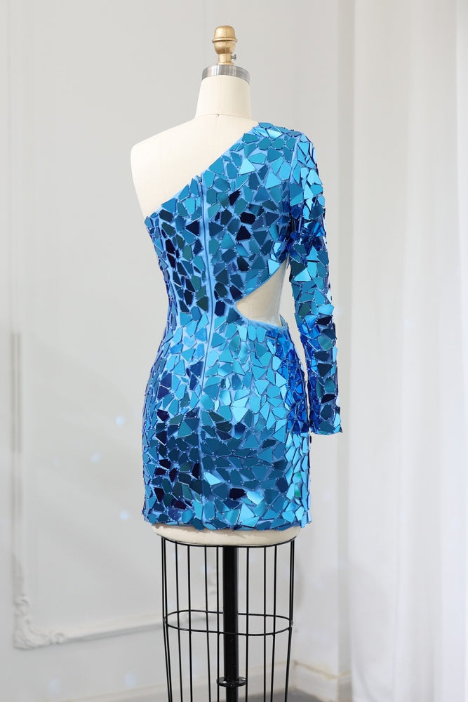 Iridescent Blue Sequin One-Shoulder Homecoming Dress RM119 Sheer Fairy