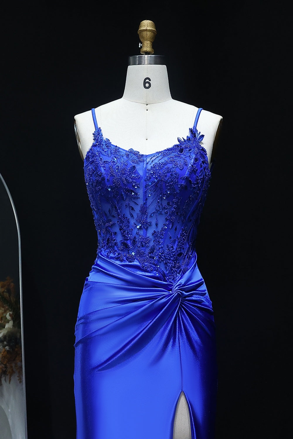 Royal Blue Satin Spaghetti Straps Sheath Prom Dress with Lace Bodice SH512 Sheer Fairy