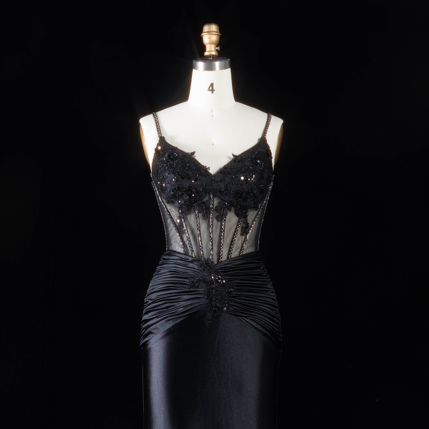 Black Satin Mermaid Evening Sheer Mesh Corset with ruched hipSH094 Sheer Fairy
