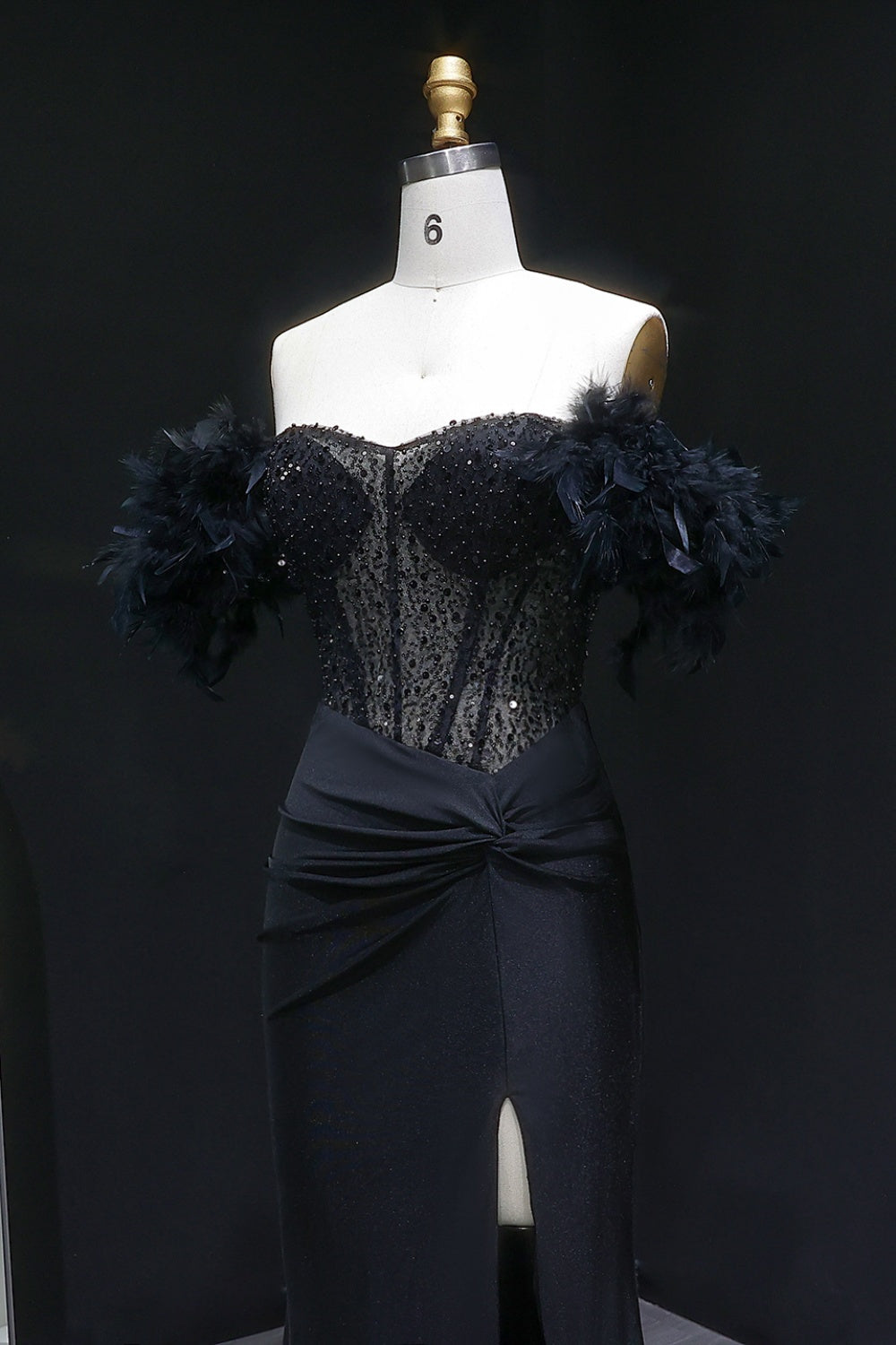 Black Sequin Sheath Off-the-Shoulder Feather Trim Prom Dress SH141 Sheer Fairy