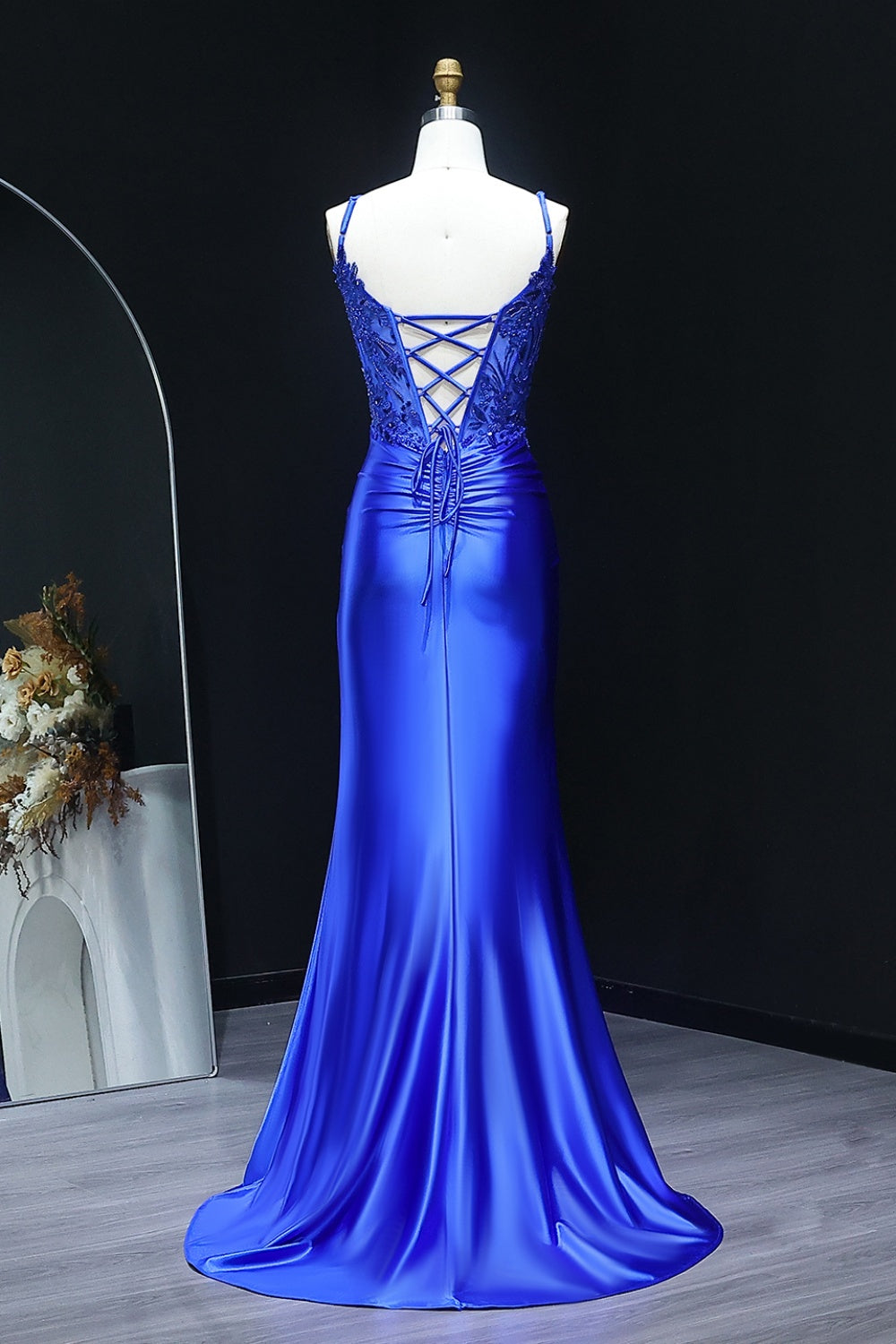 Royal Blue Satin Spaghetti Straps Sheath Prom Dress with Lace Bodice SH512 Sheer Fairy