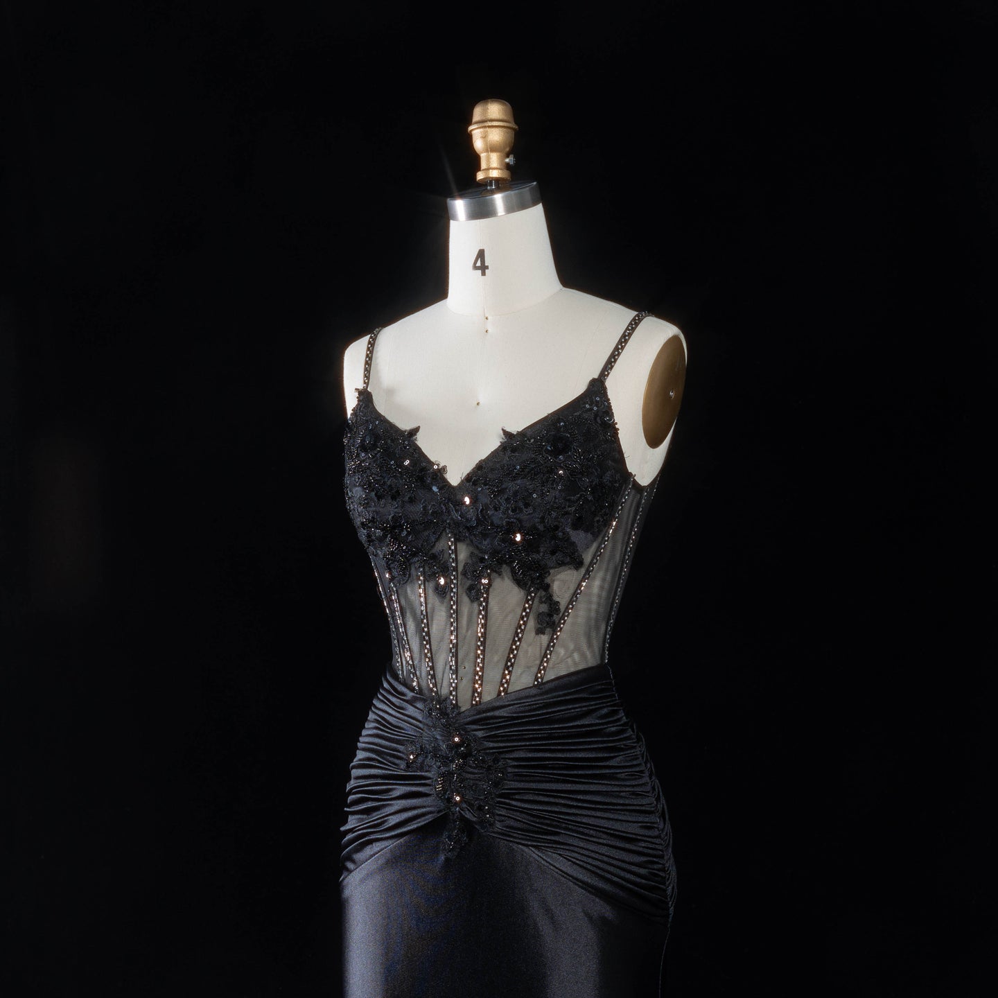 Black Satin Mermaid Evening Sheer Mesh Corset with ruched hipSH094 Sheer Fairy