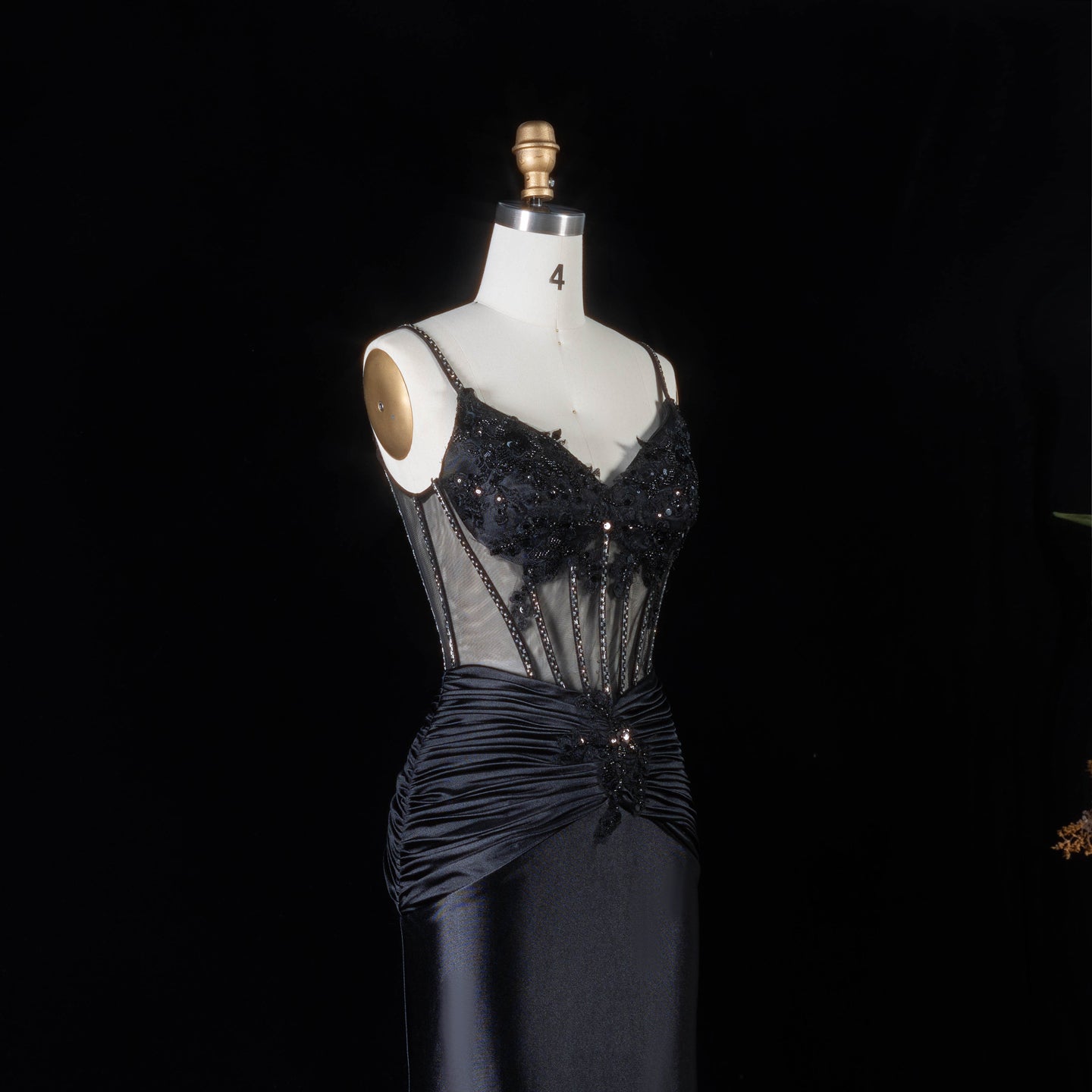 Black Satin Mermaid Evening Sheer Mesh Corset with ruched hipSH094 Sheer Fairy
