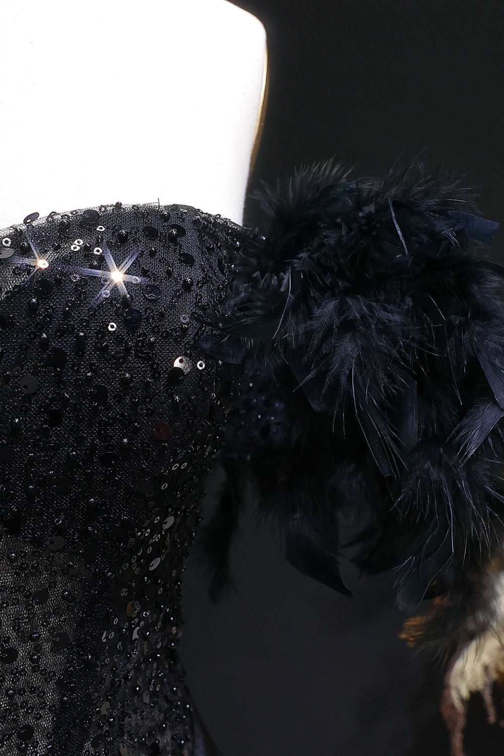 Black Sequin Sheath Off-the-Shoulder Feather Trim Prom Dress SH141 Sheer Fairy