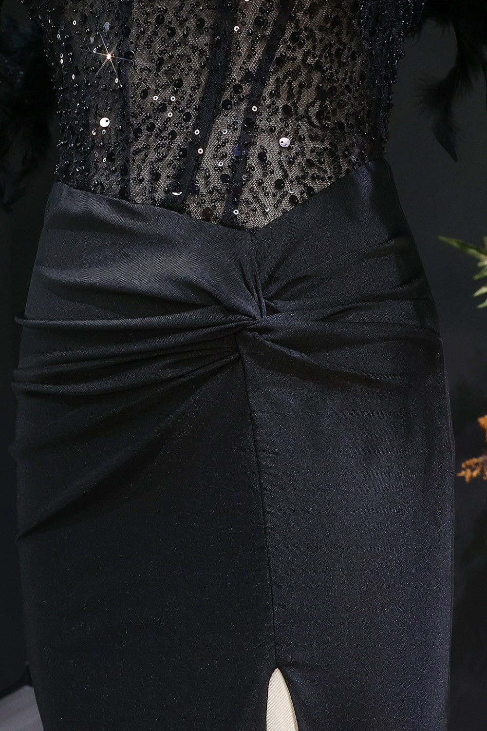 Black Sequin Sheath Off-the-Shoulder Feather Trim Prom Dress SH141 Sheer Fairy