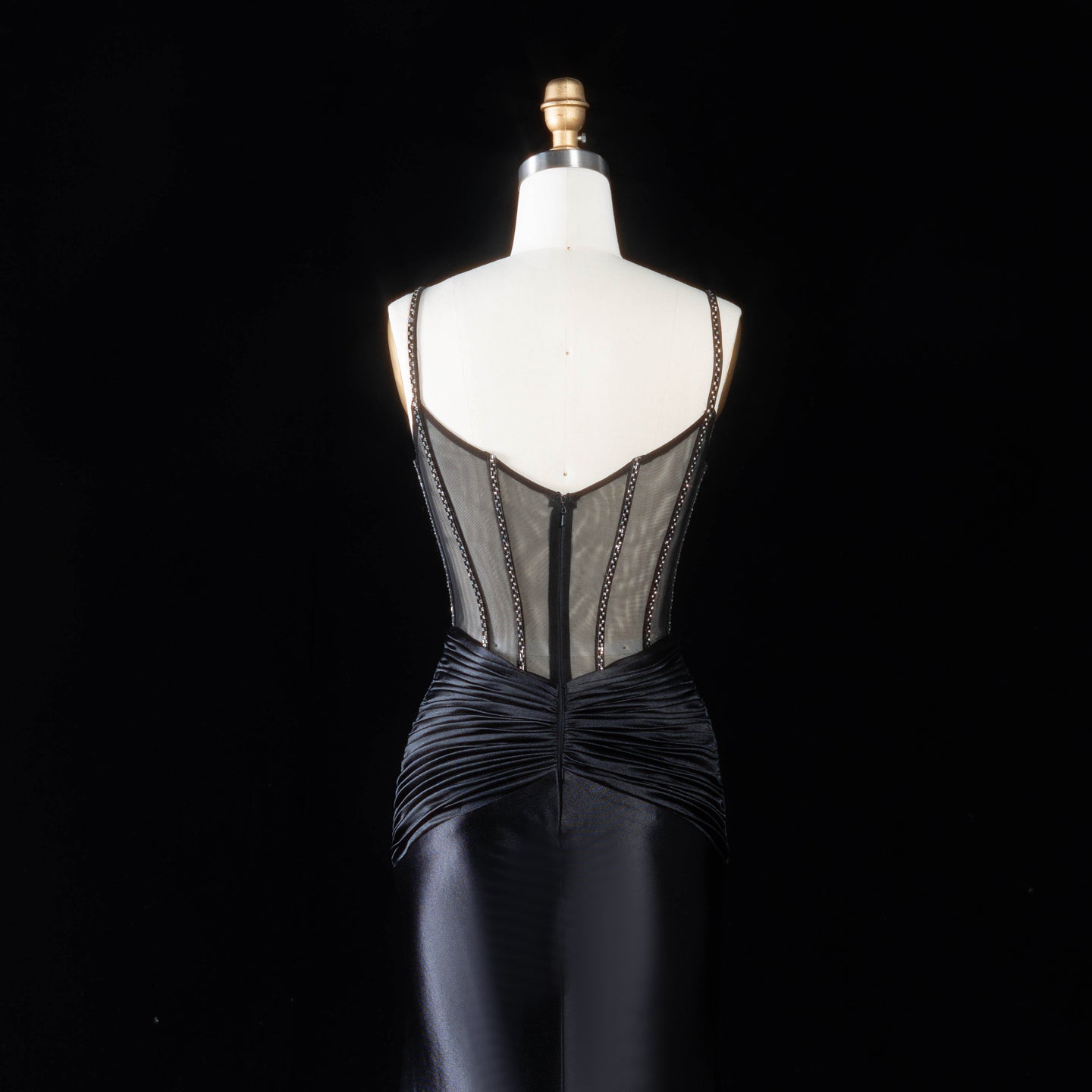 Black Satin Mermaid Evening Sheer Mesh Corset with ruched hipSH094 Sheer Fairy